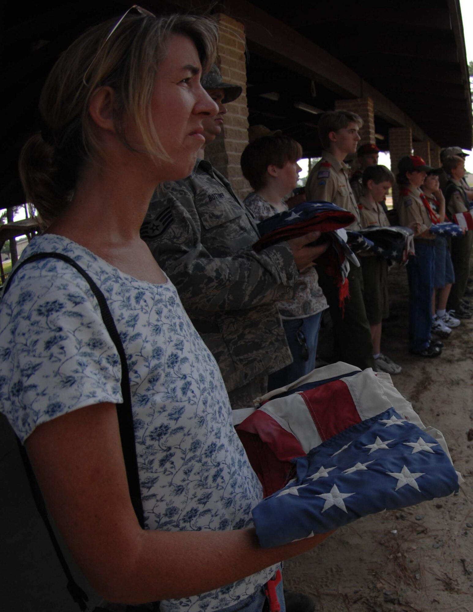 SEYMOUR JOHNSON AIR FORCE BASE, N.C. A member of the 4th Fighter Wing waits to retire her American flag during a flag retirement ceremony, June 14, 2008. (U.S. Air Force photo by Airman 1st Class Gino Reyes)