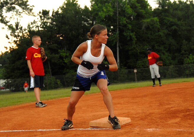 Christine Aylesworth prepares herself to score a run for the 437th Security Forces Squadron June 17. (U.S. Air Force photo/Airman 1st Class Cynthia Spalding) 