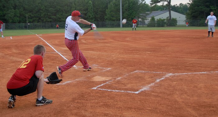 Gary Reash hits a ball into left field after being pitched by Casey Cousins during a softball game on base June 17. The 437th Security Forces Squadron beat the 437th Communications Squadron 16-1. Reash plays for SFS and Cousins pitches for CS. (U.S. Air Force photo/Airman 1st Class Cynthia Spalding) 