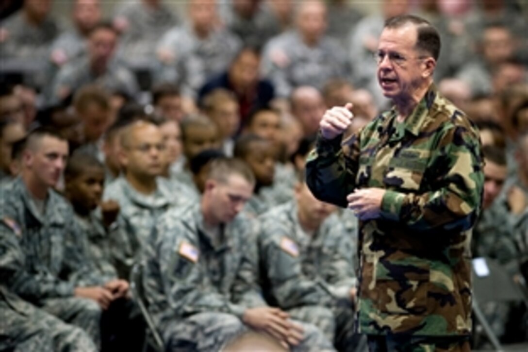 U.S. Navy Adm. Mike Mullen, chairman of the Joint Chiefs of Staff, addresses servicemembers assigned to Fort Lewis, Wash., during an all-hands call at Soldier Field House, June 18, 2008. 
