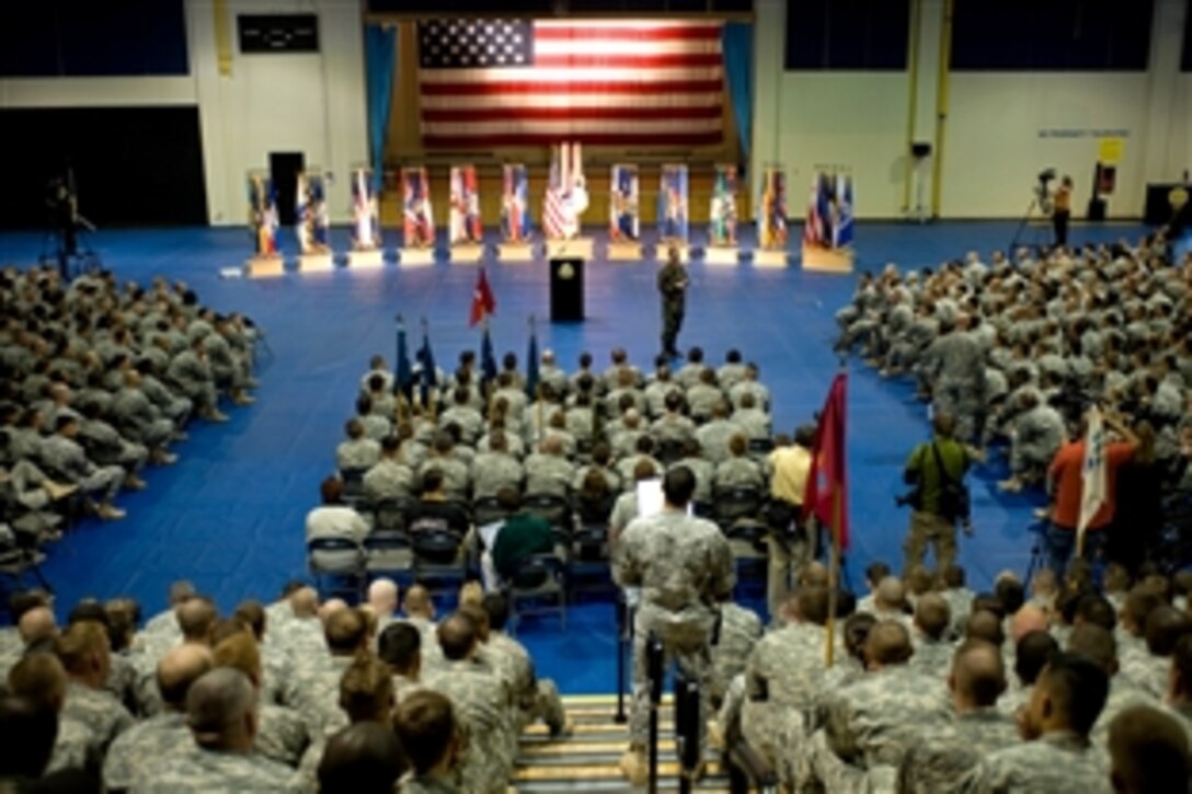 U.S. Navy Adm. Mike Mullen, chairman of the Joint Chiefs of Staff, addresses troops assigned to Fort Lewis, Wash., during an all-hands call at Soldier Field House, June 18, 2008. 