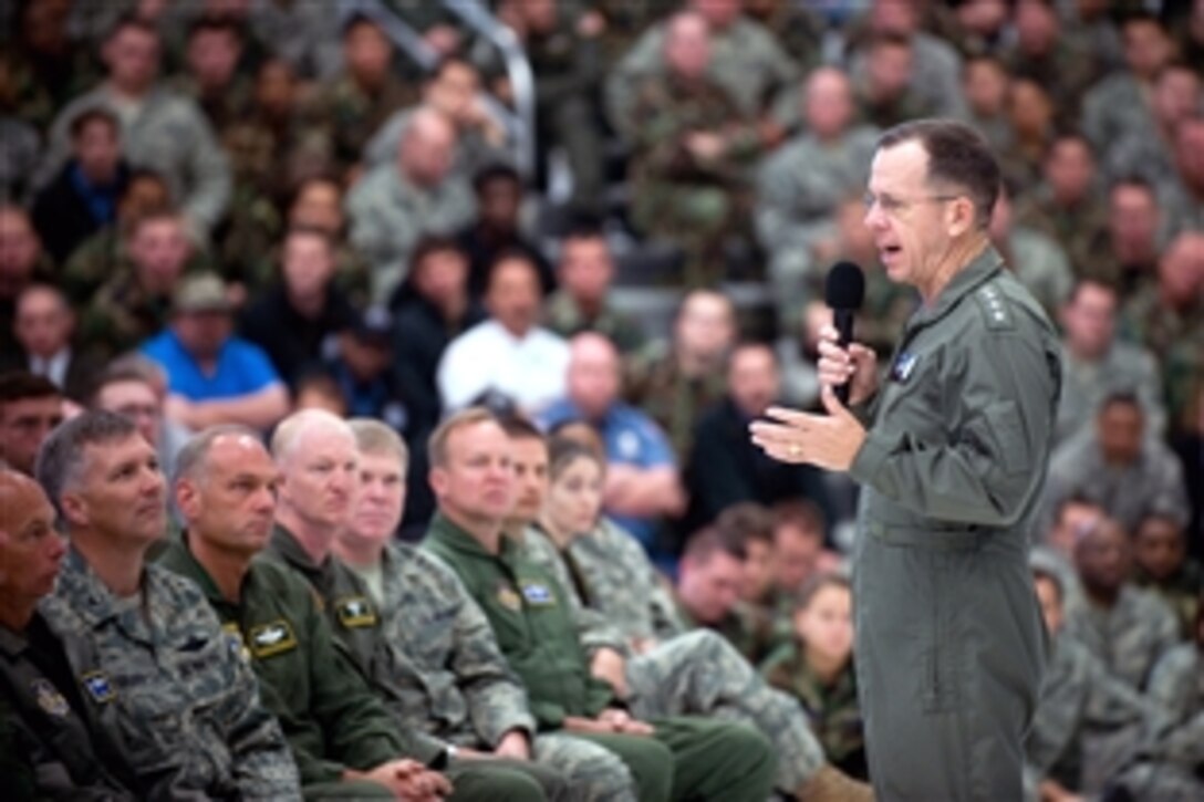 U.S. Navy Adm. Mike Mullen, chairman of the Joint Chiefs of Staff, addresses airmen and civilians on McChord Air Force Base, Tacoma, Wash., June 18, 2008. 