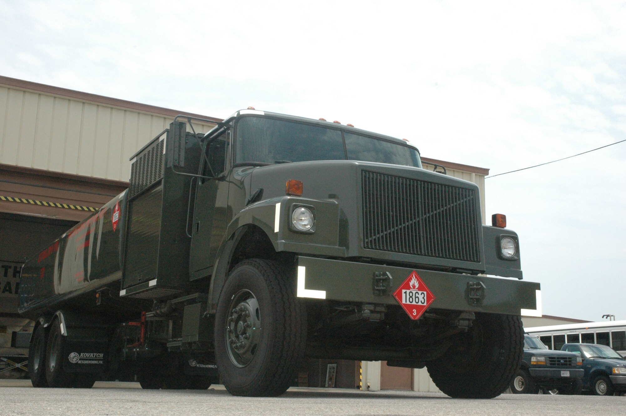 The R-11 aircraft refueling truck was the first large vechicle to be painted at the upgraded 325th Logistics Readiness Division paint booth.  (U.S. Air Force photo/Staff Sgt. Timothy R. Capling)