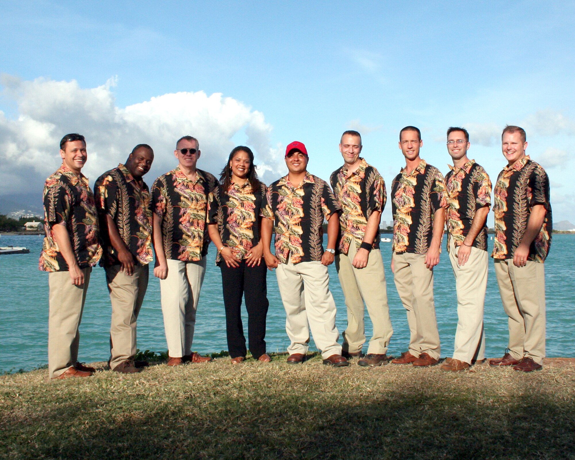 From left to right, U.S. Air Force Technical Sergeant Joshua M. Fedele,   Staff Sergeant Terry J. Grace, Master Sergeant Daryl Yager, Staff Sergeant Tamiko Boone, Staff Sergeant Richard Vasquez Jr., Staff Sergeant David E. Vittetoe,   Staff Sergeant John Kukan, Master Sergeant David C. Jenkins, and Staff Sergeant Gregory S. Lacy, are  members of the Air Force Band of the Pacific, ‘Hana Hou’, They performed  a concert here May 18 hosted by Col. J.J. Torres, 15th Airlift Wing commander.  Hana Hou’s performances delight military and civilian audiences throughout Hawaii and the Pacific.  (US Air Force photo/ Master Sgt. Cherie McNeill)  