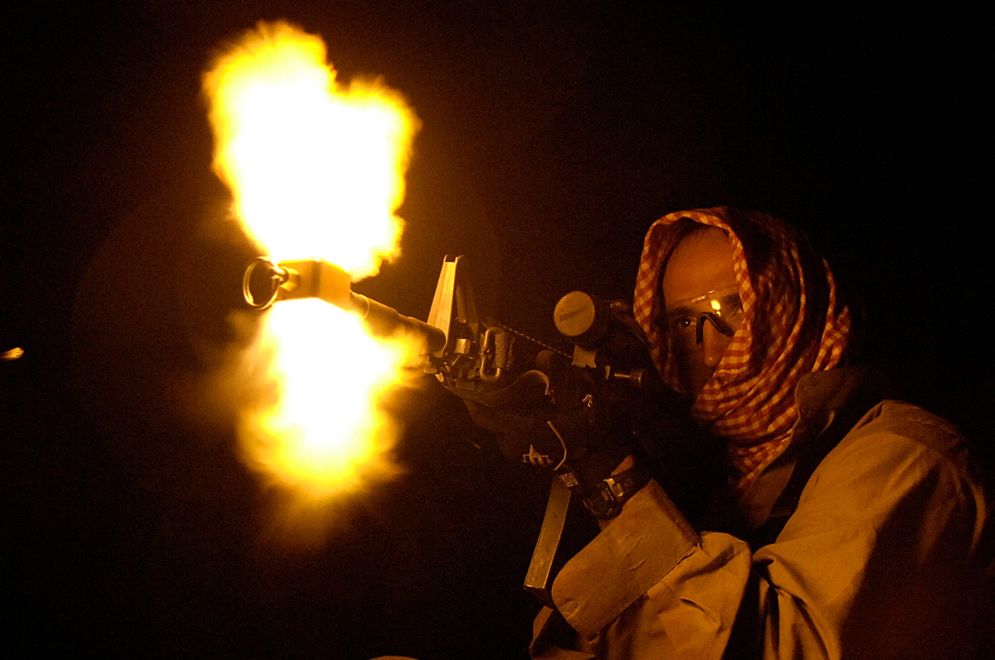 A member of Opposing Forces or "Op For",  engages Soldiers, Airmen and Marines in simulated combat on June 16, 2008 during Atlantic Strike VII. Atlantic Strike is a joint forces training event involving Joint Terminal Attack Controllers from the U.S. Army, Air Force and Marines  and is held semi-annually at Avon Park Air Ground training Complex, Avon Park, FL.

(U.S. Air Force photo by Staff Sgt. Stephen J. Otero)