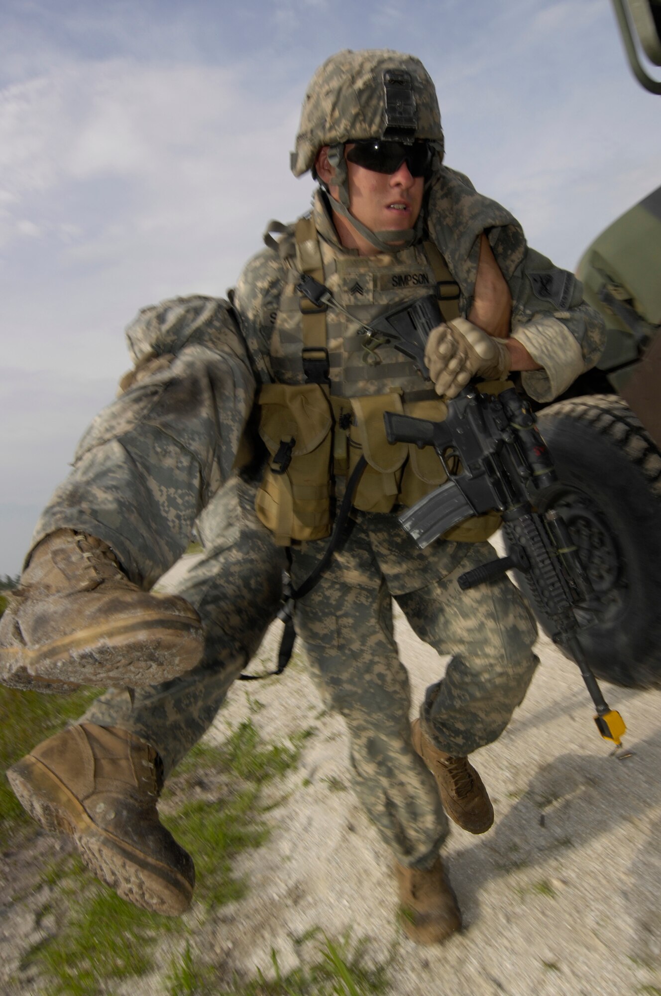 No man left behind. A U.S. Army soldier from the 4th Brigade Combat Team, 1st Armored Division, carries a wounded soldier to safety during Atlantic Strike VII, June 16, 2008. Atlantic Strike is a joint forces training event involving Joint Terminal Attack Controllers from the U.S. Army, Air Force and Marines  and is held semi-annually at Avon Park Air Ground training Complex, Avon Park, FL.(U.S. Air Force photo by Staff Sgt. Stephen J. Otero)