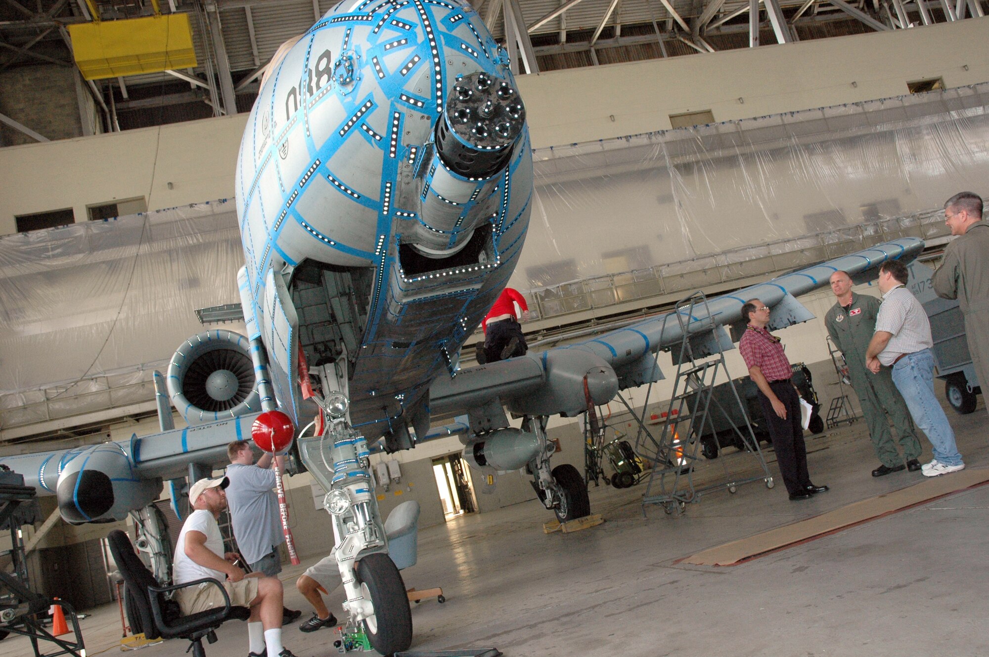 An A-10C Thunderbolt II undergoes computerized diagnostic measurement June 12 at Eglin Air Force Base, Fla. Using Virtual Surveillance Target Attack Radar System technology, the system will generate a 3-D image of the aircraft. The 3-D image will help engineers outfit the A-10 for smart weapons. This is the first time an A-10 has been digitally recorded. (U.S. Air Force photo/Staff Sgt. Stacia Zachary) 