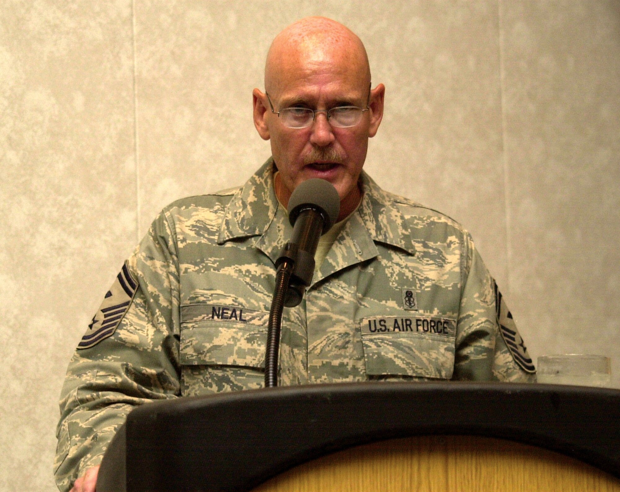 Senior Master Sgt. Philip Neal, 17th Security Forces Squadron first sergeant, was the guest speaker at the 17th Training Wing Joint Enlisted Dining-In June 12. (U.S. Air Force photo by Senior Airman Stephen Musal)