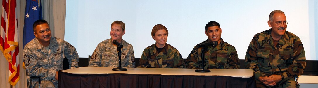 From left, Senior Master Sgt. Vince Devera, SC; Master Sgt. Kim McLaughlin, DPB; Tech. Sgt. Stacy Wilfong, DPB; Staff Sgt. Carlos Novelo, DPA; and Senior Chief Petty Officer Robert Orton, DPA, discussed their recent overseas deployments at Warrior Day on June 18. Some 13 ARPC Airmen and at least two civilian employees who are Guardsmen or reservists have deployed in the last year. (U.S. Air Force photo/Ellen Edwards)