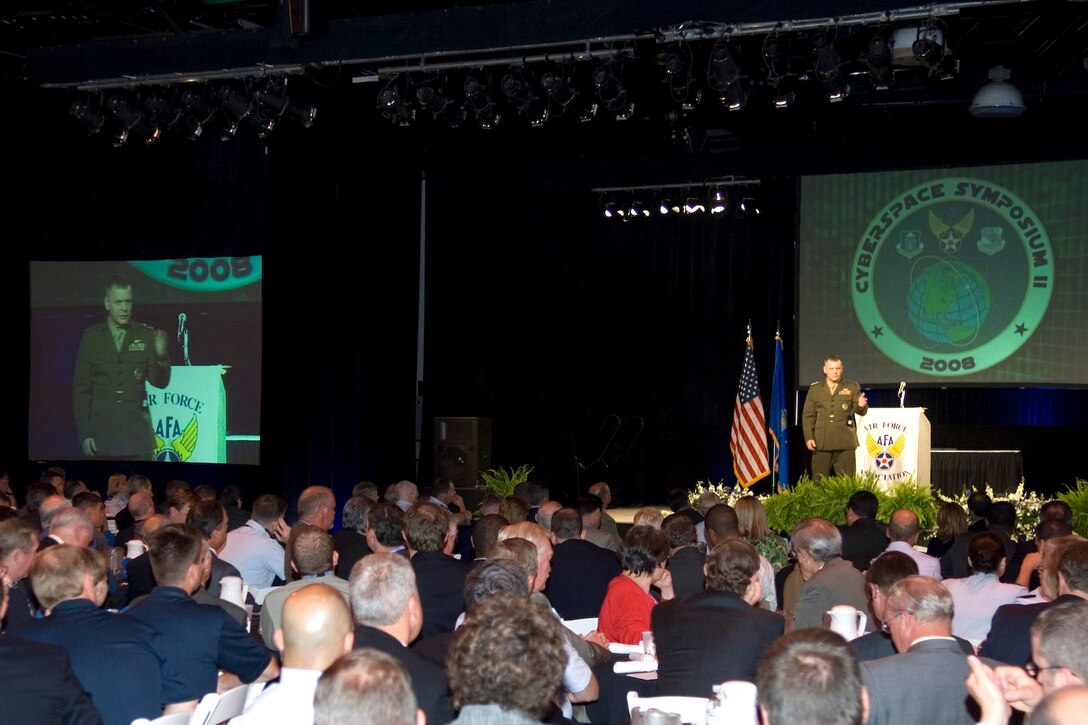 Gen. James E. Cartwright, vice chairman of the Joint Chiefs of Staff, addresses attendees June 19 at the second annual Air Force Cyberspace Symposium in Marlborough, Mass.  (U.S. Air Force photo/Rick Berry)