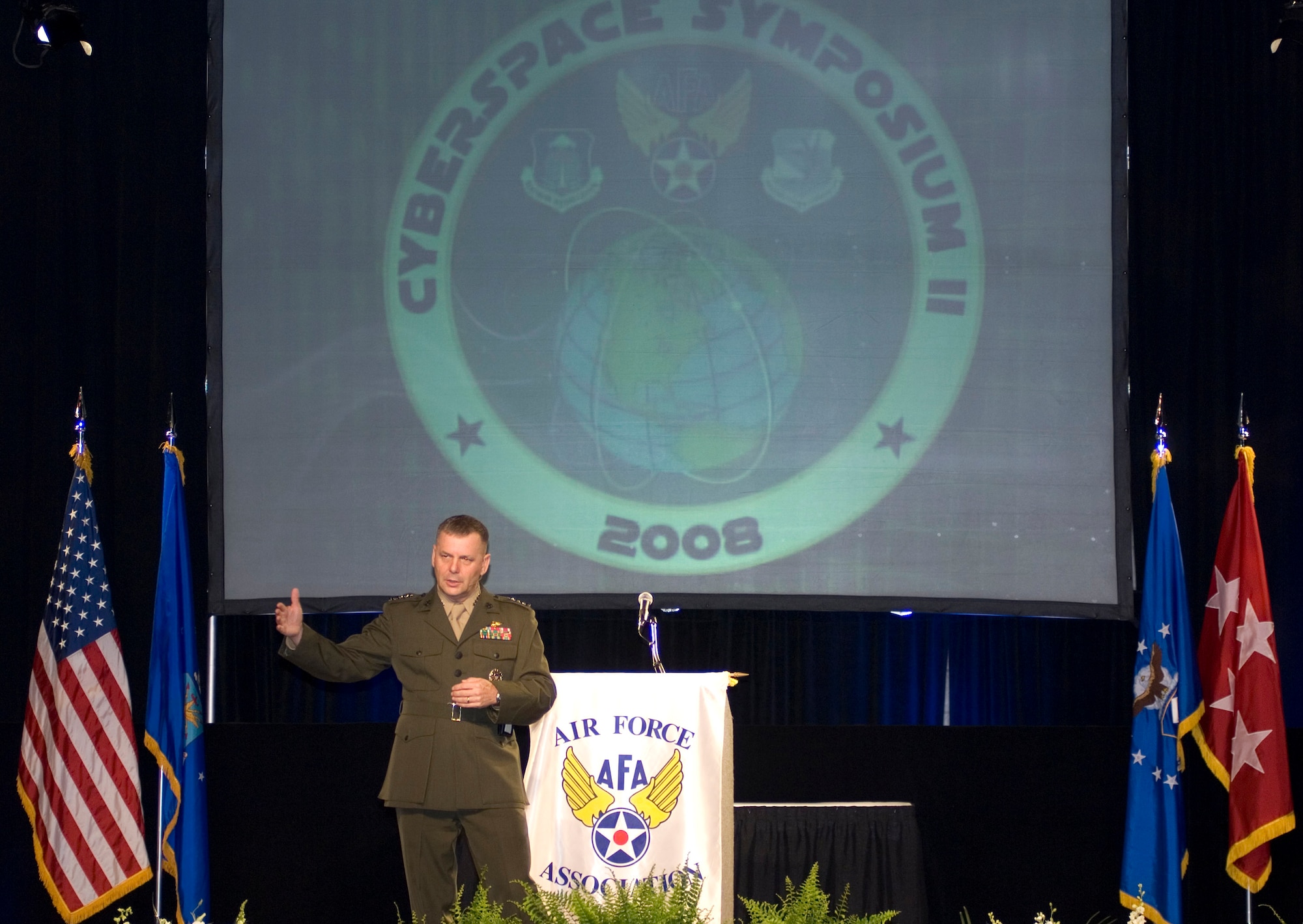 Gen. James E. Cartwright, vice chairman of the Joint Chiefs of Staff, addresses attendees June 19 at the second annual Air Force Cyberspace Symposium in Marlborough, Mass.  (U.S. Air Force photo/Rick Berry)