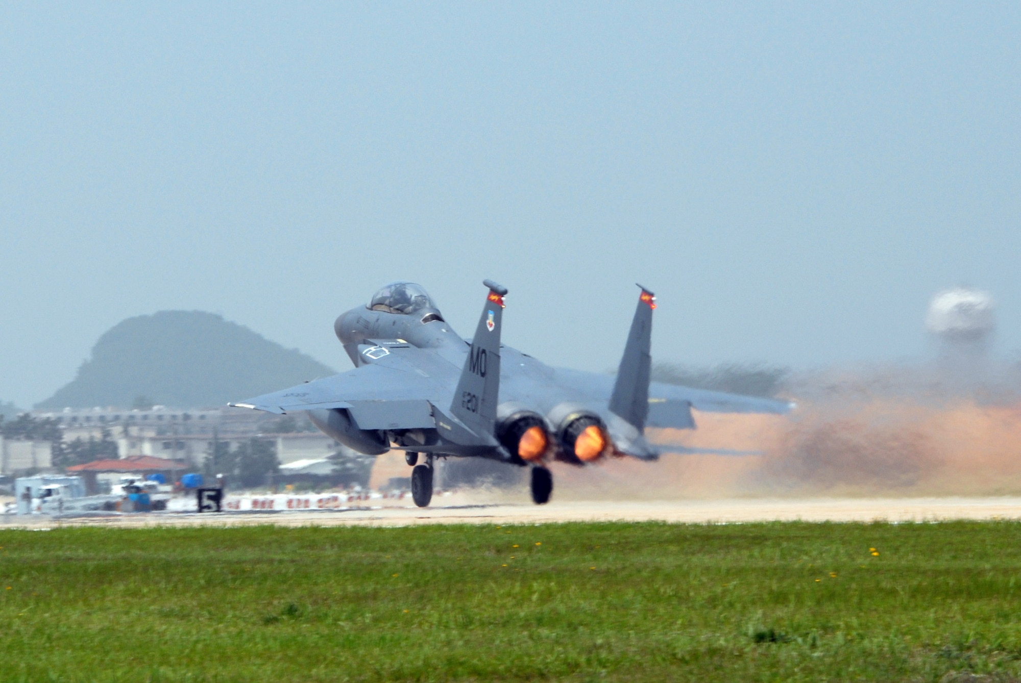 An F-15E Strike Eagle from Mountain Home Air Force Base, Idaho, takes off during Exercise Max Thunder June 19 at Kunsan Air Base, South Korea. Training side-by-side is part of day-to-day operations for Korean and U.S. Air Force memebers at Kunsan AB. The bi-lateral training received during Exercise Max Thunder will improve interoperability. (US Air Force photo/Senior Airman Angela Ruiz) 