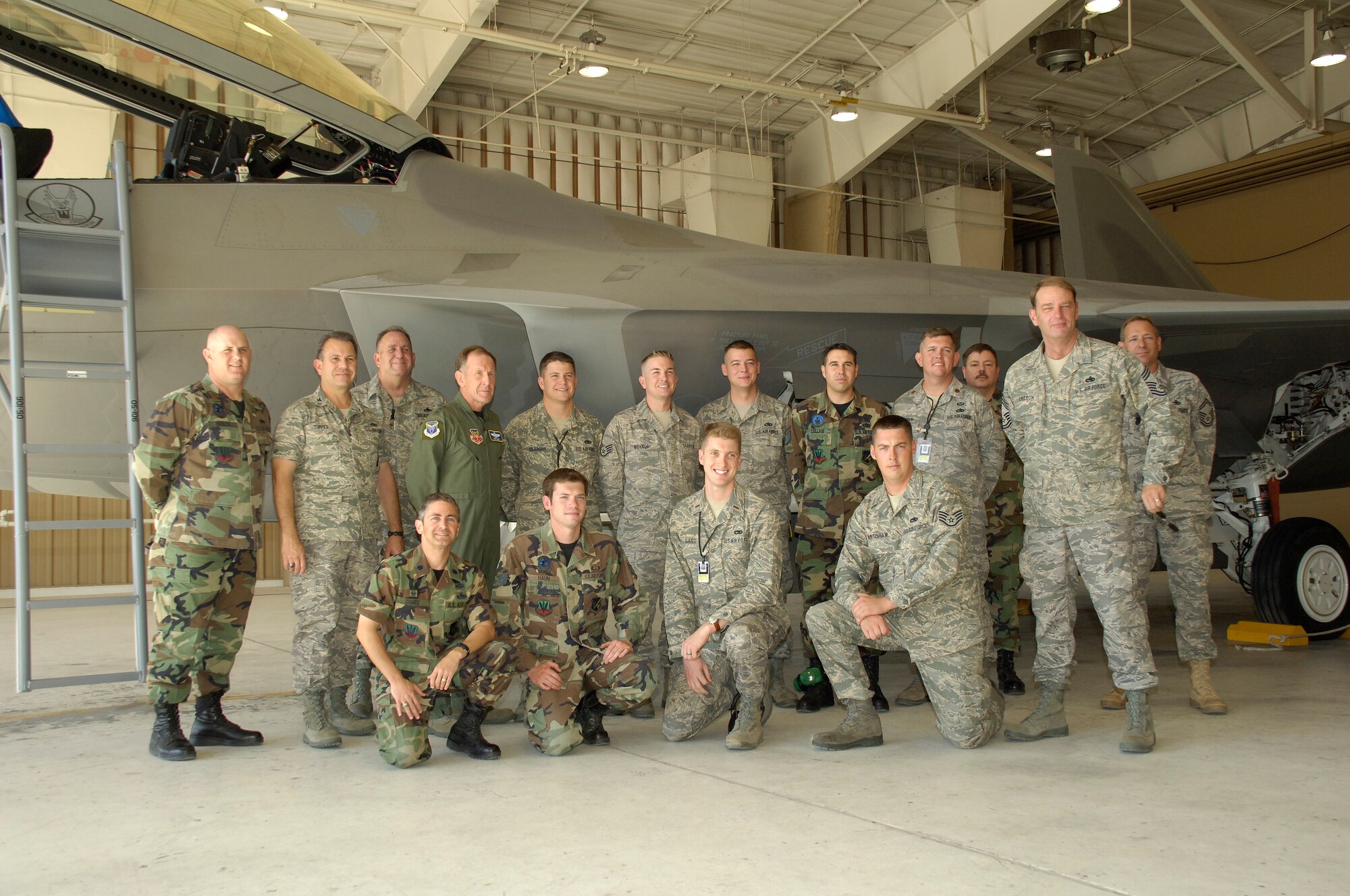 Lt. Gen. Norman R. Seip,12th Air Force commander, poses for a photo with Airmen from the 49th Aircraft Maintenance Squadron during his visit to Holloman AFB, N.M., June 17. Holloman is the first base under General Seip's command to receive the F-22A Raptor. (U.S. Air Force photo/Airman 1st Class Michael Means)