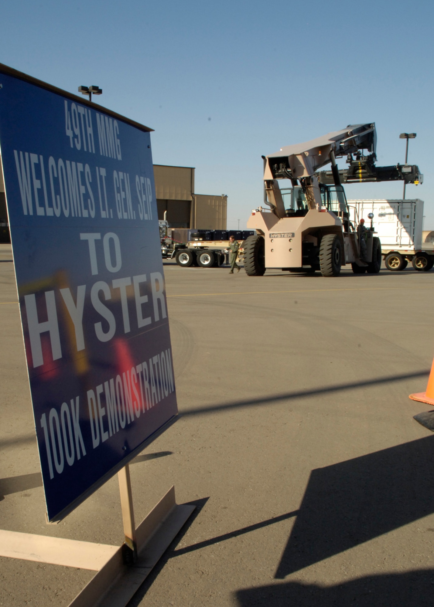Lt. Gen. Norman R. Seip,12th Air Force commander, operates a hyster moving 100K of cargo onto a trailer during his visit to Holloman AFB, N.M., June 17. (U.S. Air Force photo/Airman 1st Class Michael Means)