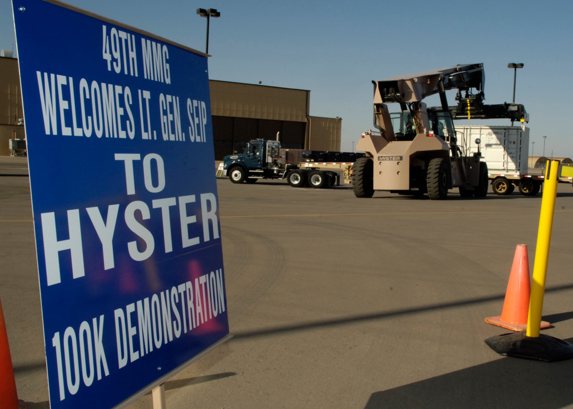Lt. Gen. Norman R. Seip,12th Air Force commander, operates a hyster moving 100K of cargo onto a trailer during his visit to Holloman AFB, N.M., June 17. (U.S. Air Force photo/Airman 1st Class Michael Means)