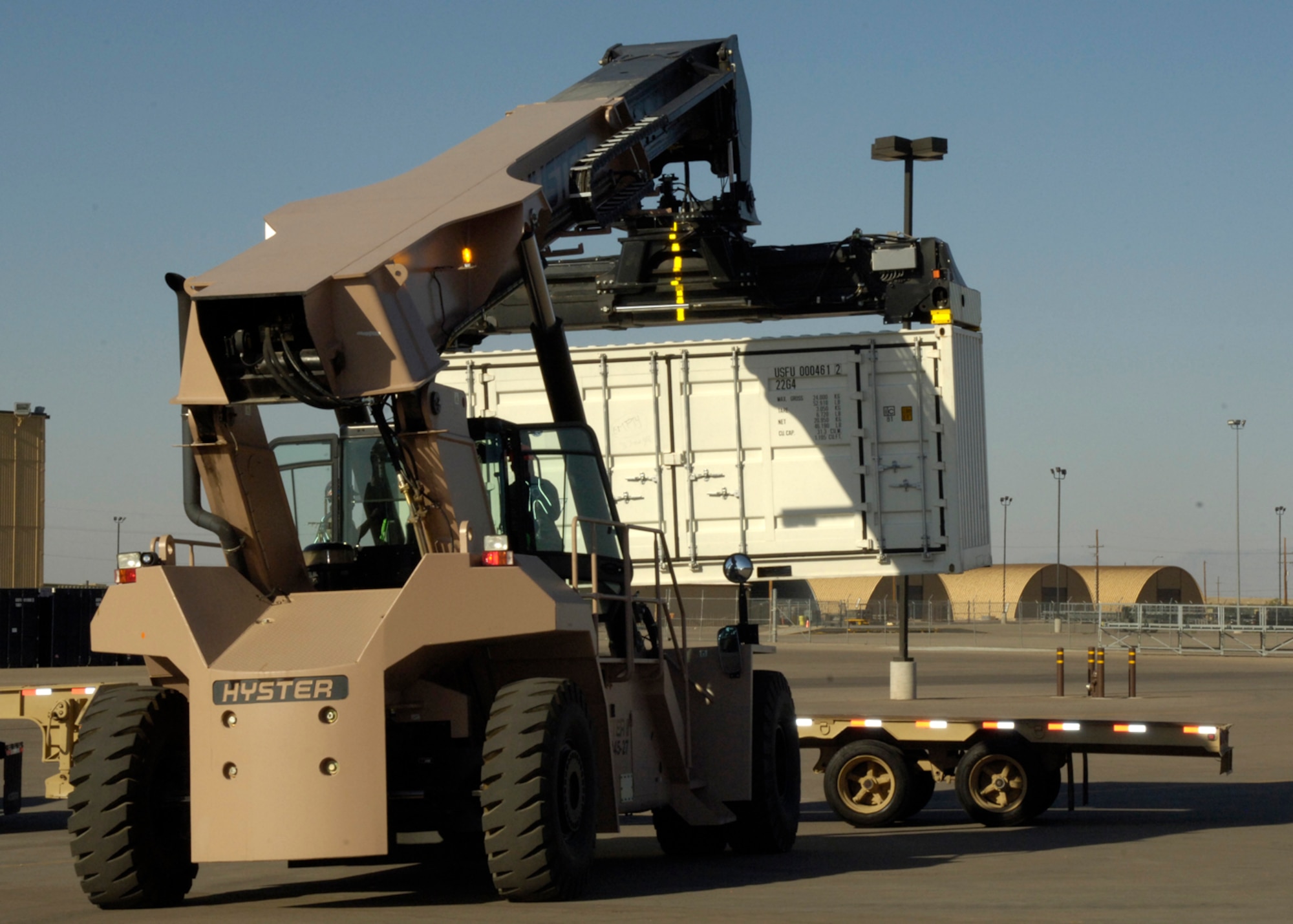 Lt. Gen. Norman R. Seip,12th Air Force commander, operates a hyster moving 100K of cargo onto a trailer during his visit to Holloman AFB, N.M., June 17. (U.S. Air Force photo/Airman 1st Class Michael Means)