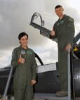 Justin Garcia (left) and Maj. Mike Brown, 560th Flying Training Squadron T-38 instructor pilot, give two thumbs up to Justin?s experience as Randolph?s Pilot for a Day June 13. (U.S. Air Force photo by Melissa Peterson)