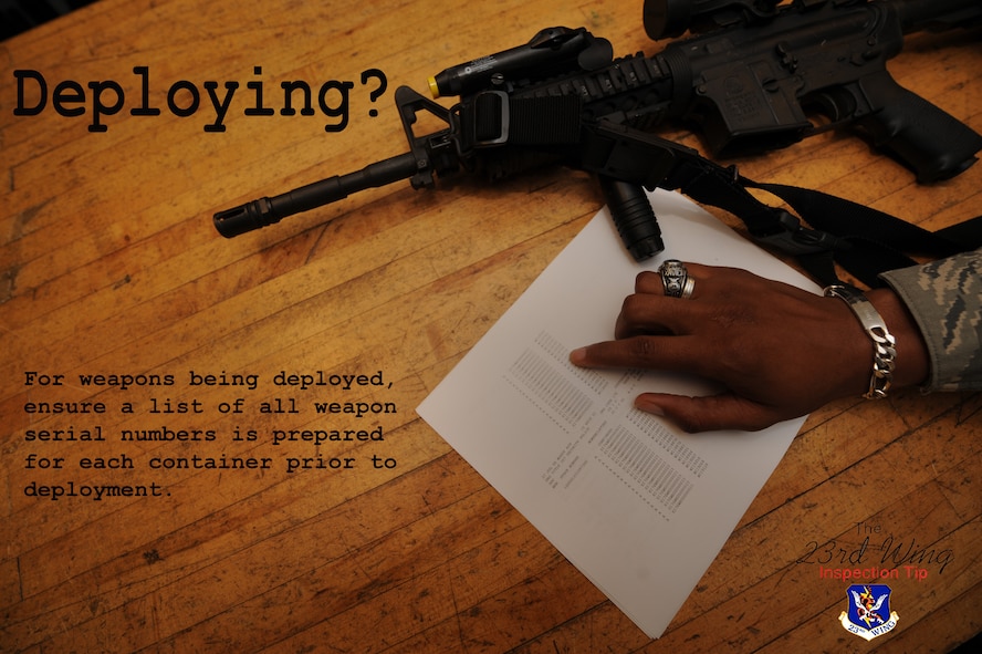 MOODY AIR FORCE BASE, Ga. -- 23rd Wing Airmen should make sure their weapon's serial numbers are documented before deployment. (U.S. Air Force photo illustration by Senior Airman Gina Chiaverotti)