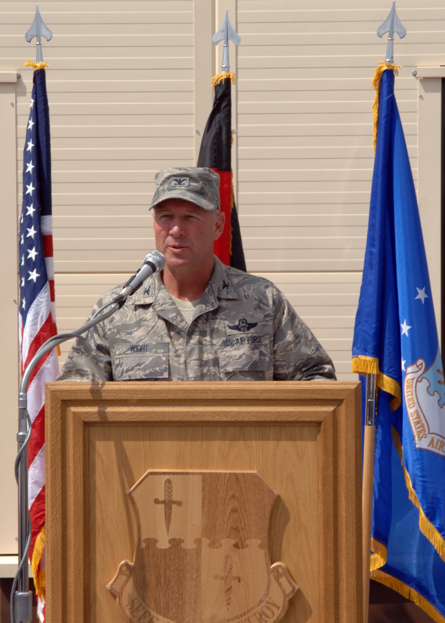 SPANGDAHLEM AIR BASE, Germany—Col. Lee Wight, 52nd Fighter Wing commander, speaks at the grand opening of the privately owned vehicle and large vehicle inspection station gates June 17, 2008. The gates will add additional security to the base. (U.S. Air Force photo by Airman Staci Miller)