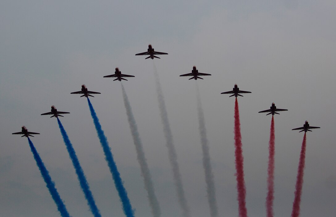 LANGLEY AIR FORCE BASE, Va. - The Royal Air Force Red Arrows perform during AirPower over Hampton Roads here June 21.  Langley’s open house is an annual event that helps educate the public, increase recruiting and show appreciation to the local community.  “It's a chance to get people informed, involved and excited,” said Lt. Col. Brady Merrill, director of AirPower over Hampton Roads and chief of 1st Fighter Wing Plans, Programs and Evaluations. (U.S. Air Force photo/Tech. Sgt. Levi Collins)
