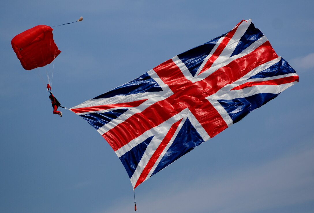 LANGLEY AIR FORCE BASE, Va. - An E Team skydiver displays the Union Jack flag during AirPower over Hampton Roads here June 21, 2008.  Langley’s open house is an annual event that helps educate the public, increase recruiting and show its appreciation to the local community. (U.S. Air Force photo/Tech. Sgt. Levi Collins)