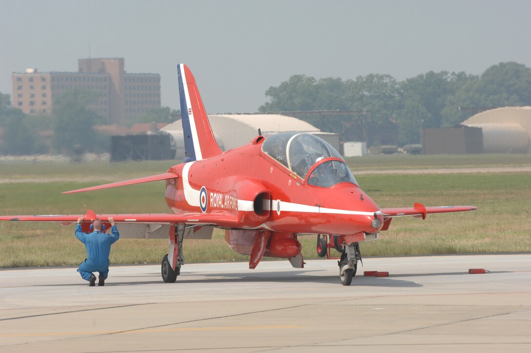 LANGLEY AIR FORCE BASE, Va. -- A Royal Air Force Red Arrows crew chief inspects a Hawk T1 before take off during AirPower over Hampton Roads June 21. Langley’s open house is an annual event that helps educate the public, increase recruiting and show appreciation to the local community. (U.S. Air Force photo/Tech. Sgt. April Wickes) 