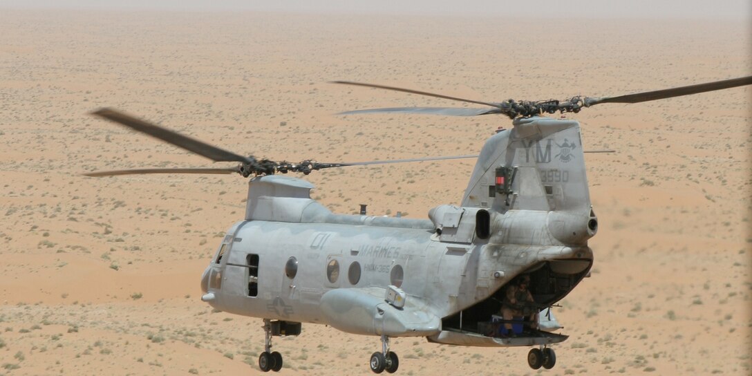 A CH-46 Sea Knight with Marine Medium Helicopter Squadron 365 (Reinforced), 24th Marine Expeditionary Unit, NATO International Security Assistance Force, en route to Forward Operating Base (FOB) Dwyer. (Official Marine Corps photo by Cpl Alison L. Martinez)