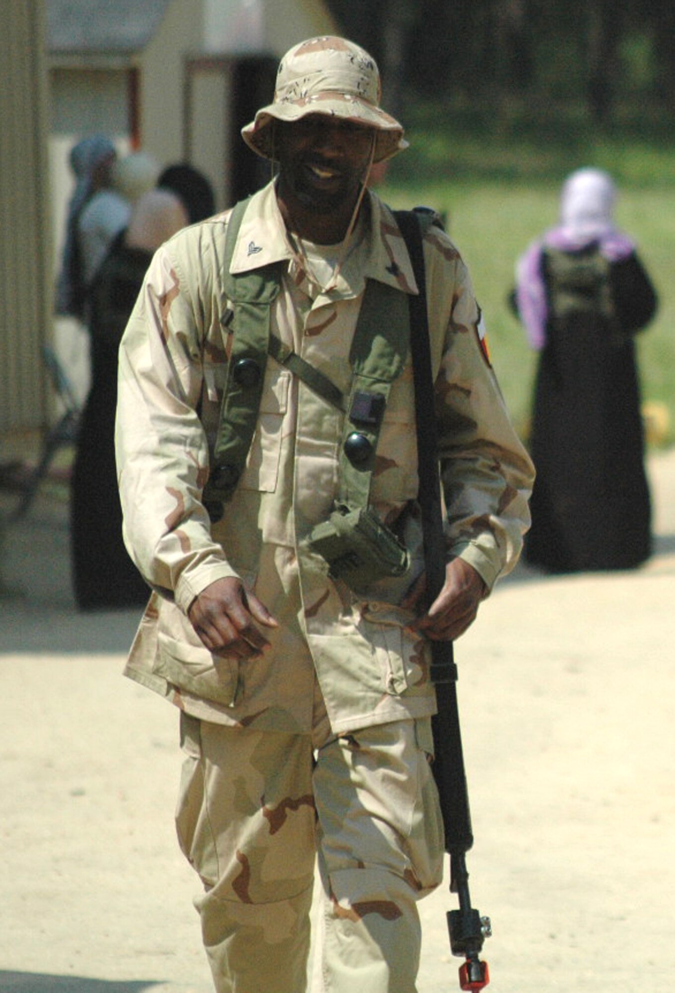 A role player for the "National Army of Chimaera" participates in a scenario during Air Force Exercise Eagle Flag 08-5 at Naval Air Engineering Station Lakehurst, N.J., June 22, 2008.  He is one of numerous role players for the exercise whose job it is to make the exercise as realistic as possible.  Eagle Flag is operated by the U.S. Air Force Expeditionary Center's Expeditionary Operations School and 421st Combat Training Squadron at Fort Dix, N.J., and tests and trains Airmen in expeditionary combat support skills.  (U.S. Air Force Photo/Tech. Sgt. Scott T. Sturkol)