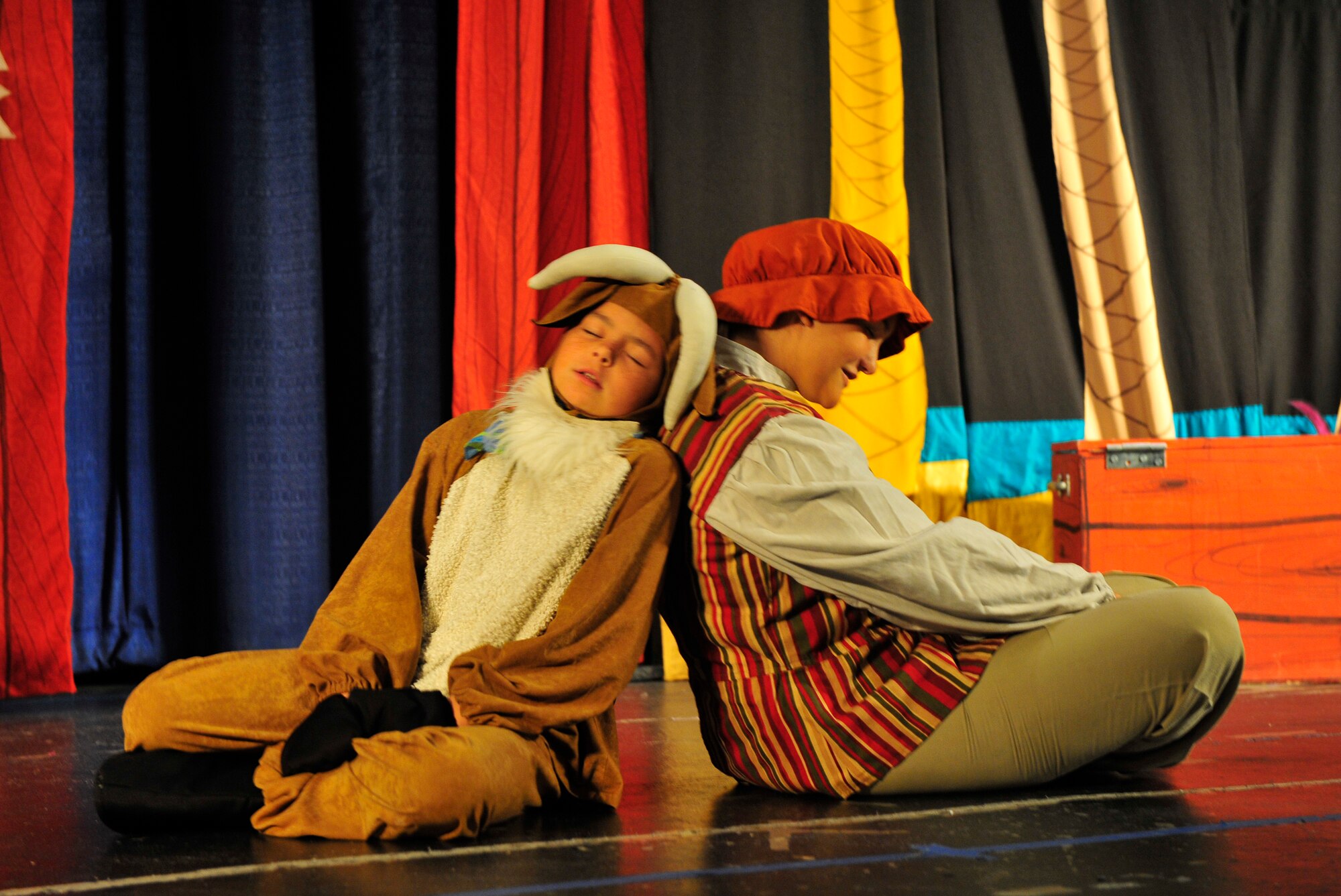 MOODY AIR FORCE BASE, Ga. -- Megan Frazier and Christina Gagne act out a scene from the "Amazing Adventures of Robinson Crusoe" at this years Missoula Children's Theatre camp here June 20, The Missoula Children's Theatre traveled from Missoula, Mont., to host a week-long theatre camp for base children.  (U.S. Air Force photo by Senior Airman Schelli Jones)