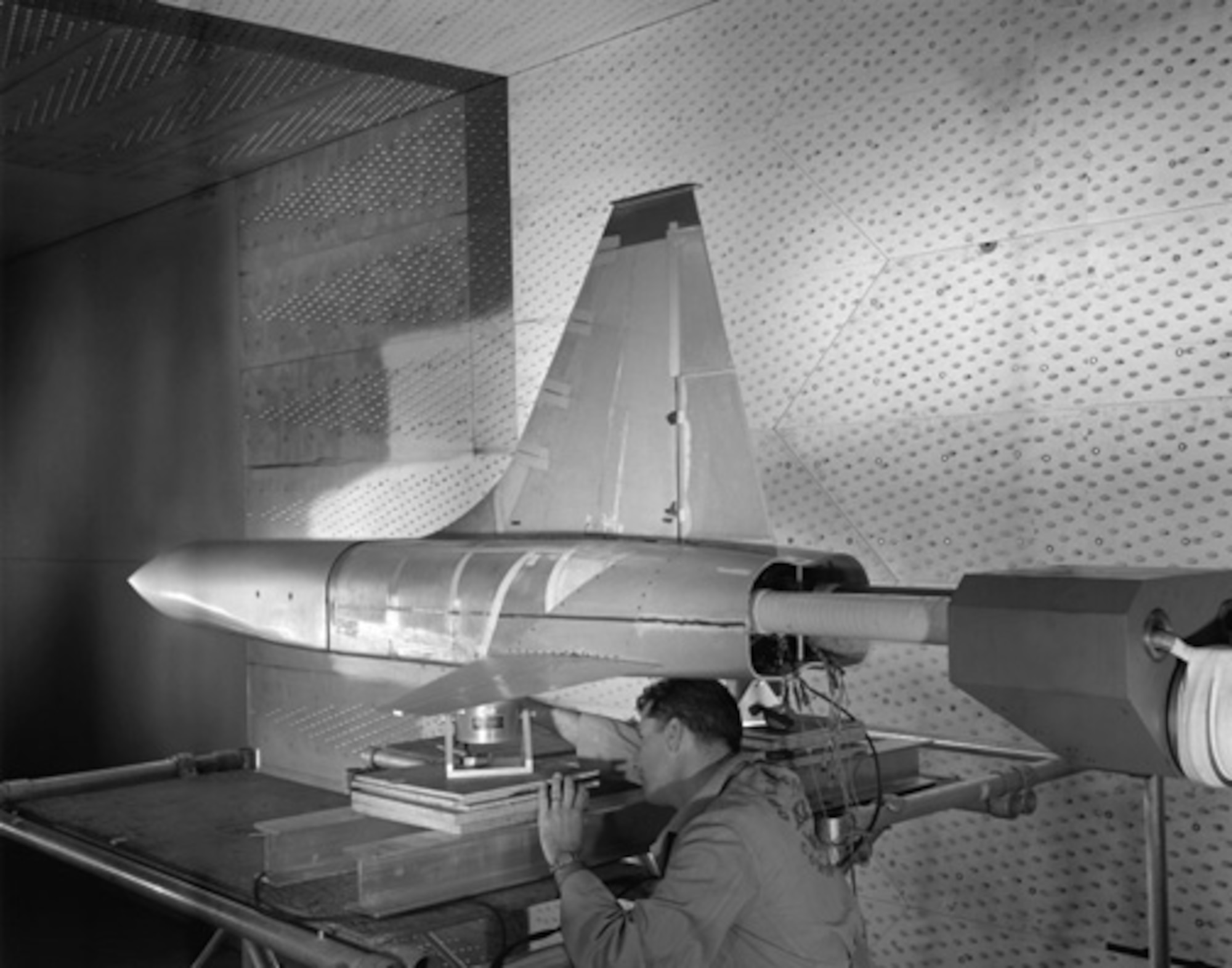 This T-38 Northrup Talon supersonic jet trainer model was tested in the U.S. Air Force Arnold Engineering Development Center's 16-foot transonic wind tunnel in 1958. The T-38 flew in 1959. (AEDC file photo)