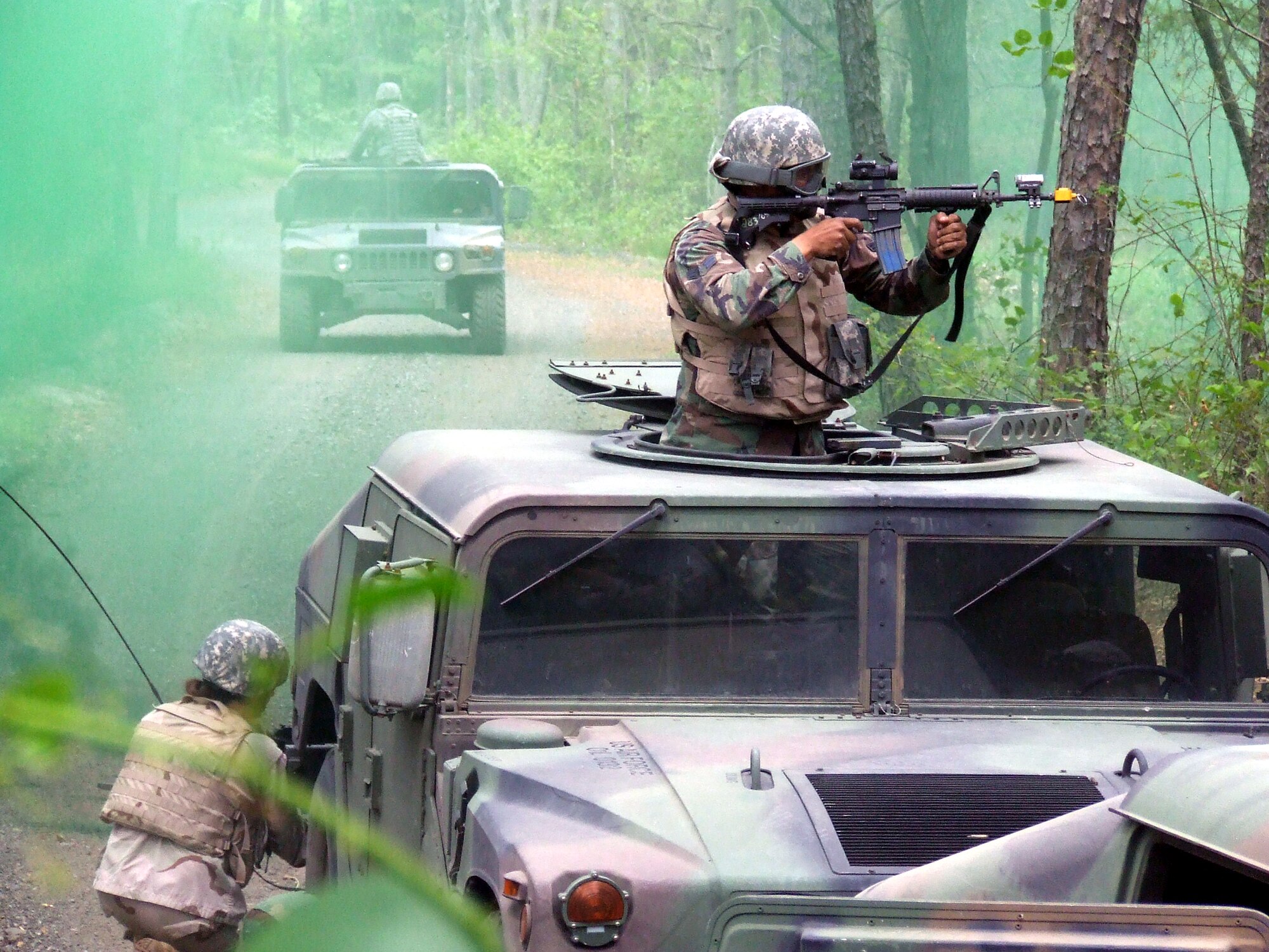Students in the Air Force Phoenix Warrior Training Course respond to enemy fire during training in convoy operations for the course June 20, 2008, on a Fort Dix, N.J., range.  The course, taught by the U.S. Air Force Expeditionary Center's Expeditionary Operations School and 421st Combat Training Squadron, prepares security forces Airmen for upcoming deployments.  (U.S. Air Force Photo/Tech. Sgt. Scott T. Sturkol)