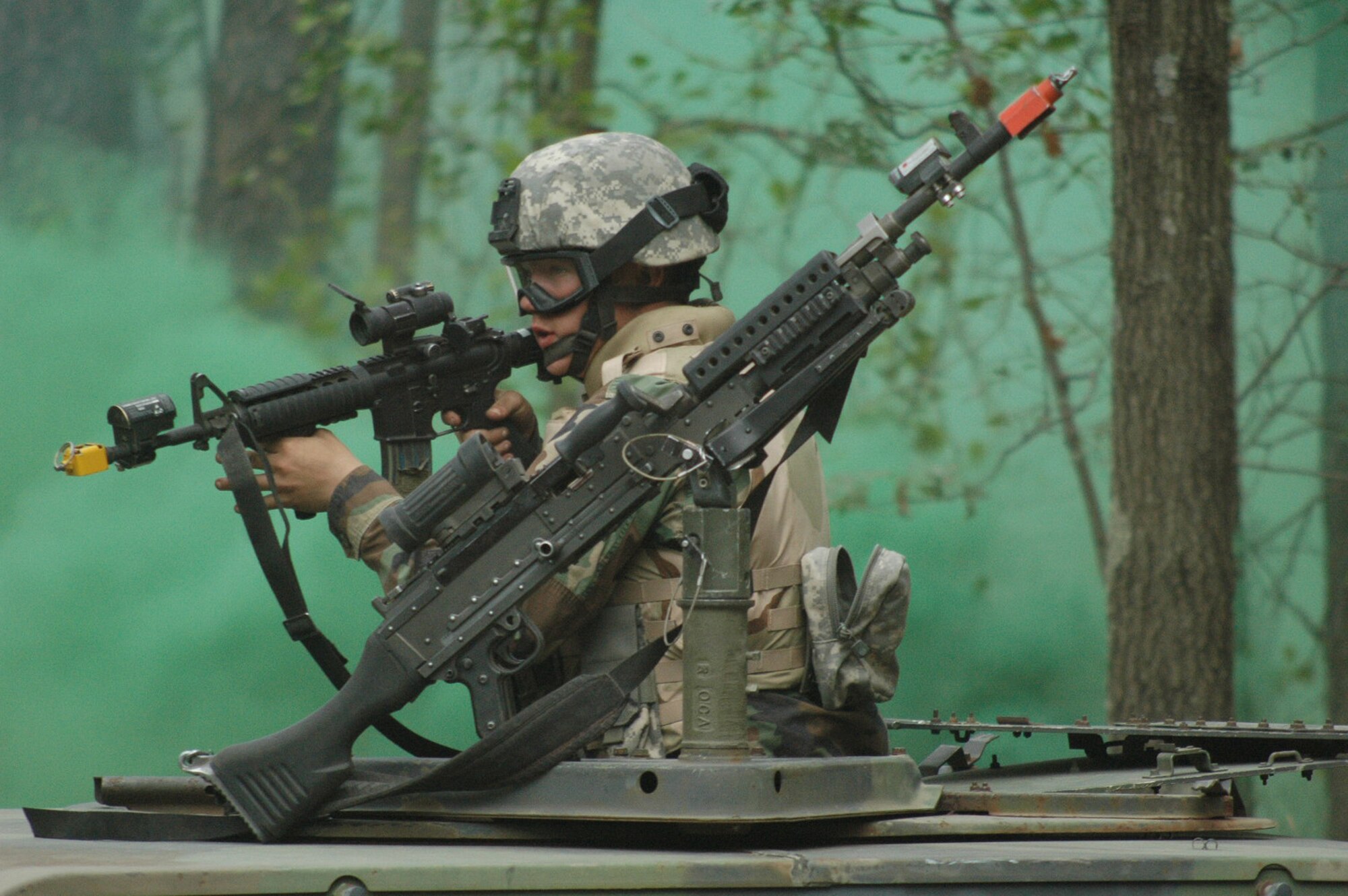 A student in the Air Force Phoenix Warrior Training Course responds to enemy fire during training in convoy operations for the course June 20, 2008, on a Fort Dix, N.J., range.  The course, taught by the U.S. Air Force Expeditionary Center's Expeditionary Operations School and 421st Combat Training Squadron, prepares security forces Airmen for upcoming deployments.  (U.S. Air Force Photo/Tech. Sgt. Scott T. Sturkol)