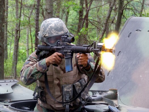 A student in the Air Force Phoenix Warrior Training Course responds to enemy fire during training in convoy operations for the course June 20, 2008, on a Fort Dix, N.J., range.  The course, taught by the U.S. Air Force Expeditionary Center's Expeditionary Operations School and 421st Combat Training Squadron, prepares security forces Airmen for upcoming deployments.  (U.S. Air Force Photo/Tech. Sgt. Scott T. Sturkol)