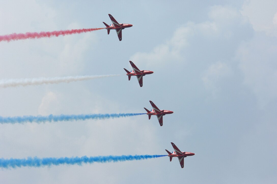 LANGLEY AIR FORCE BASE, Va. – The Royal Air Force Red Arrows Hawk T1s fly in formation at AirPower over Hampton Roads June 22. Langley’s open house is an annual event that helps educate the public, increase recruiting and show appreciation to the local community. (U.S. Air Force photo/Tech. Sgt. April Wickes)