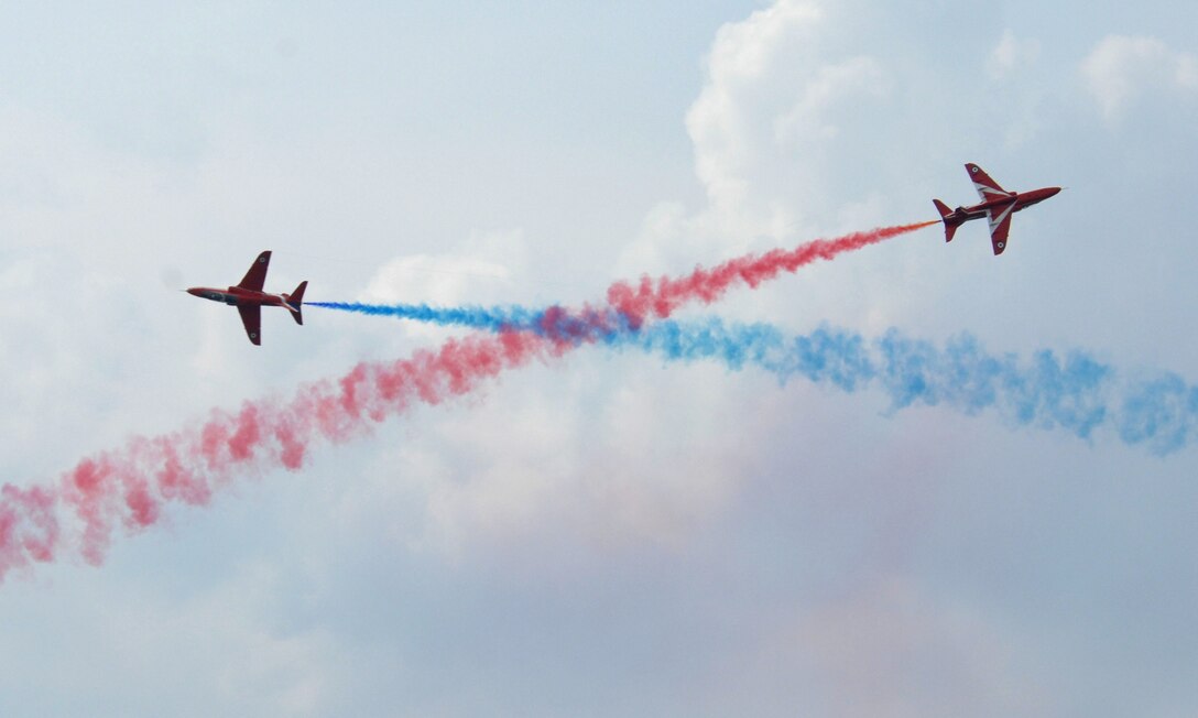 LANGLEY AIR FORCE BASE, Va. – The Royal Air Force Red Arrows fly their Hawk T1s at AirPower over Hampton Roads June 22. Langley’s open house is an annual event that helps educate the public, increase recruiting and show appreciation to the local community. (U.S. Air Force photo/Tech. Sgt. April Wickes)