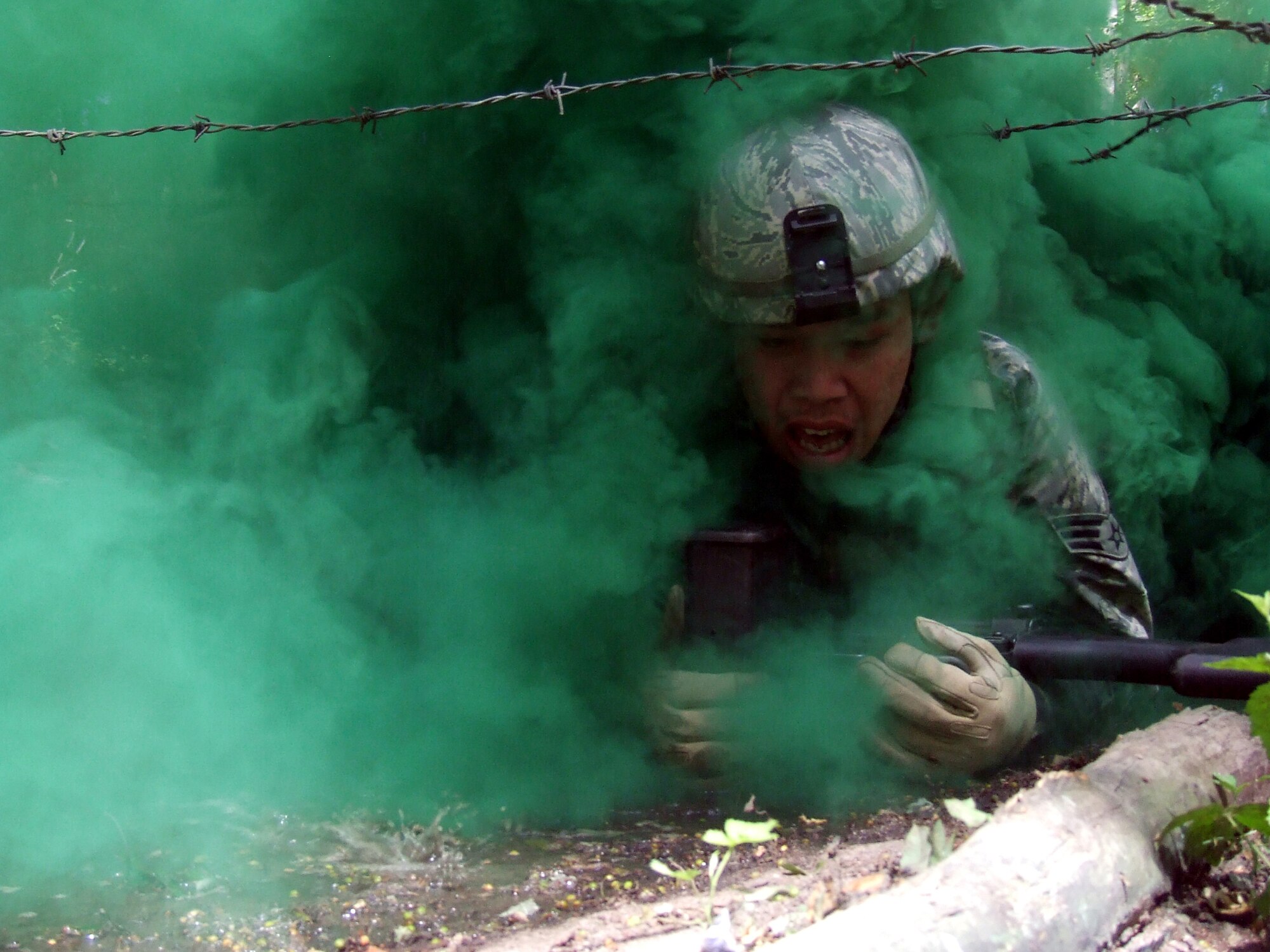 A student in the Air Force Phoenix Warrior Training Course participates in a combat first aid  class on a Fort Dix, N.J., range June 19, 2008.  The course is taught by the U.S. Air Force Expeditionary Center's Expeditionary Operations School and 421st Combat Training Squadron and prepares security forces Airmen for upcoming deployments.  (U.S. Air Force Photo/Tech. Sgt. Scott T. Sturkol)