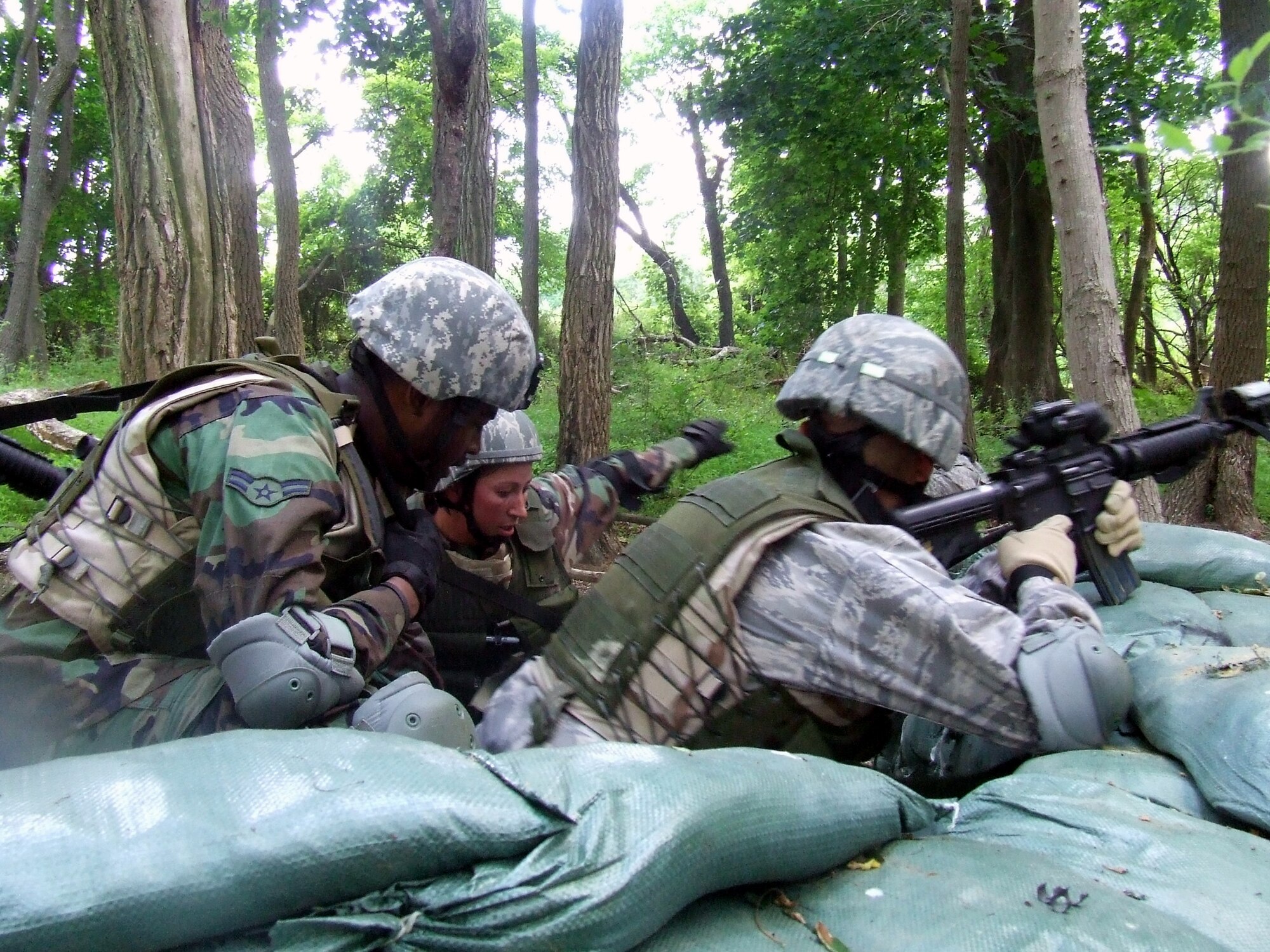 Students in the Air Force Phoenix Warrior Training Course participate in a combat first aid  class on a Fort Dix, N.J., range June 19, 2008.  The course is taught by the U.S. Air Force Expeditionary Center's Expeditionary Operations School and 421st Combat Training Squadron and prepares security forces Airmen for upcoming deployments.  (U.S. Air Force Photo/Tech. Sgt. Scott T. Sturkol)