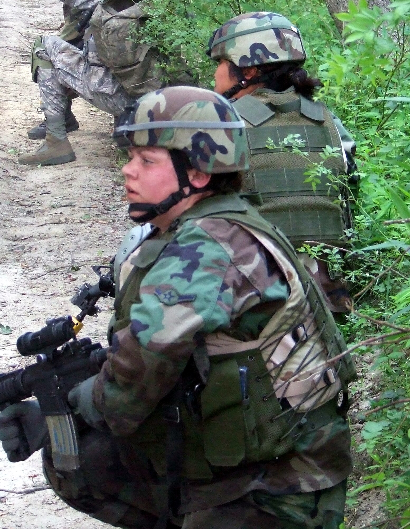 Students in the Air Force Phoenix Warrior Training Course participate in a combat first aid  class on a Fort Dix, N.J., range June 19, 2008.  The course is taught by the U.S. Air Force Expeditionary Center's Expeditionary Operations School and 421st Combat Training Squadron and prepares security forces Airmen for upcoming deployments.  (U.S. Air Force Photo/Tech. Sgt. Scott T. Sturkol)