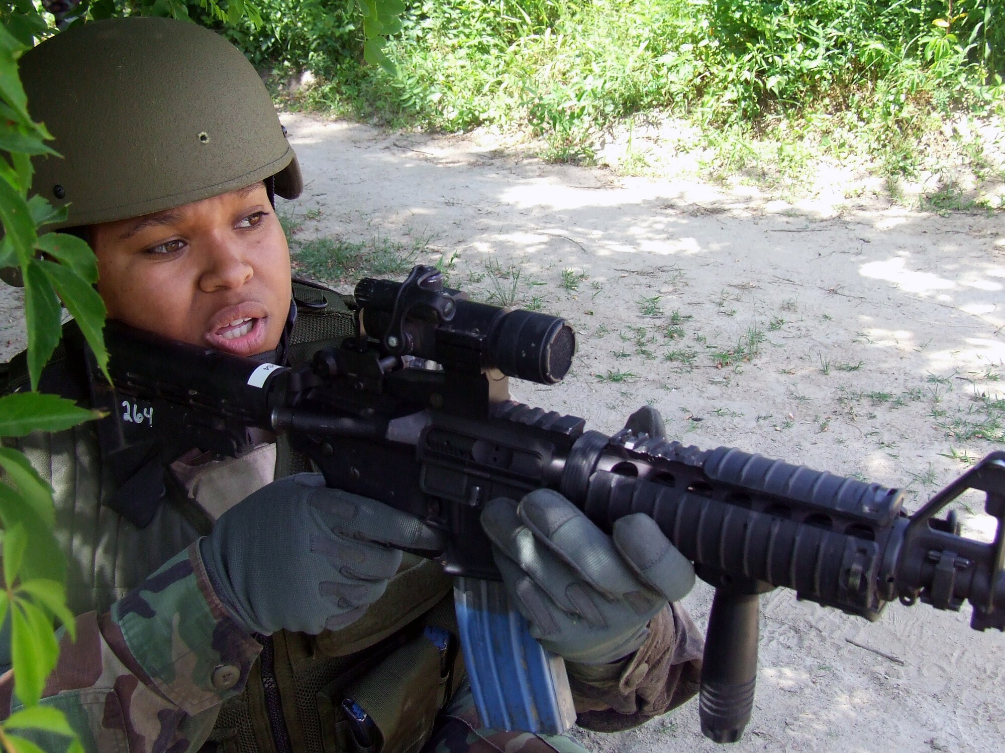 A student in the Air Force Phoenix Warrior Training Course participates in a combat first aid  class on a Fort Dix, N.J., range June 19, 2008.  The course is taught by the U.S. Air Force Expeditionary Center's Expeditionary Operations School and 421st Combat Training Squadron and prepares security forces Airmen for upcoming deployments.  (U.S. Air Force Photo/Tech. Sgt. Scott T. Sturkol)