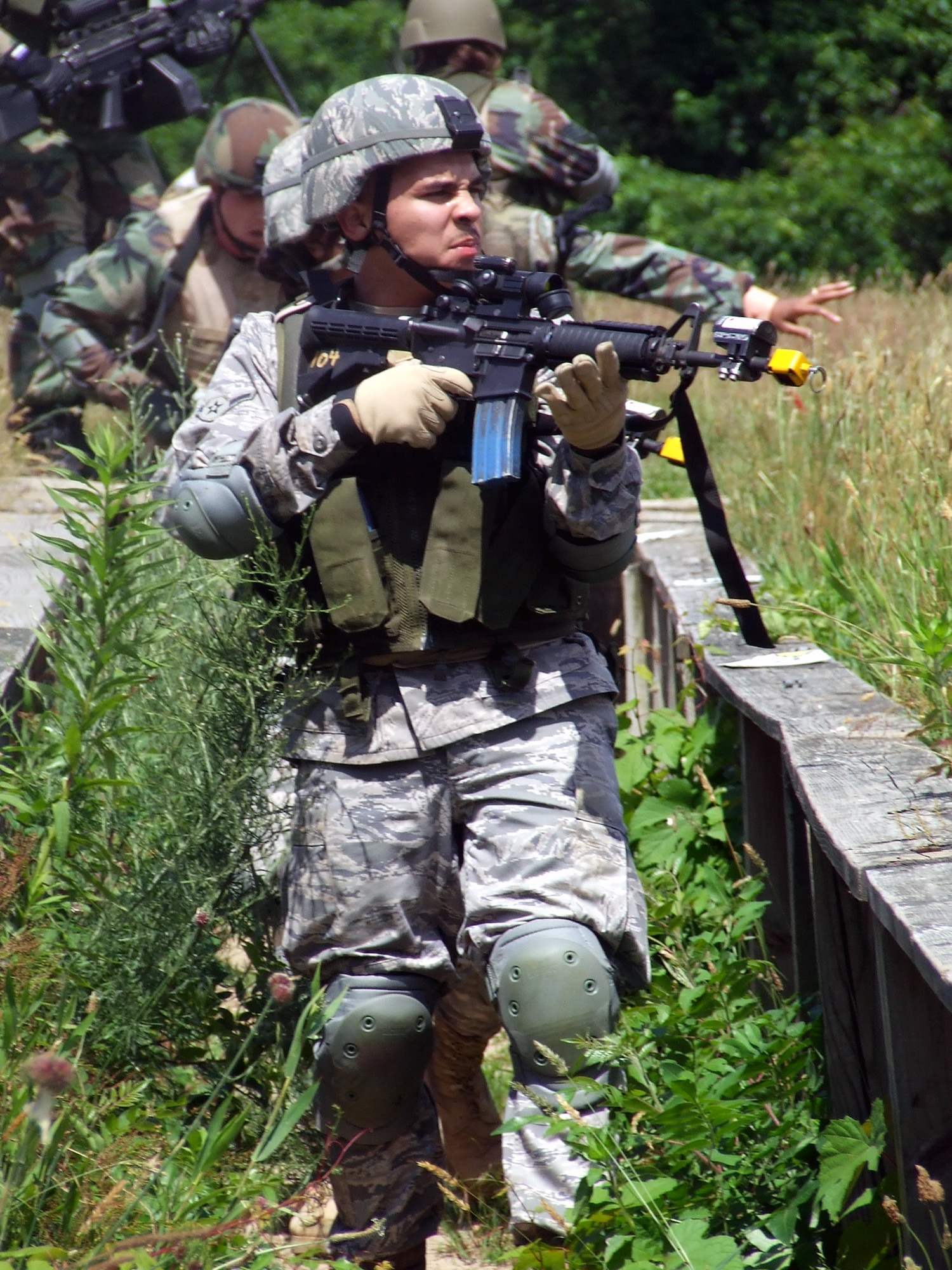 Students in the Air Force Phoenix Warrior Training Course participate in a combat first aid  class on a Fort Dix, N.J., range June 19, 2008.  The course is taught by the U.S. Air Force Expeditionary Center's Expeditionary Operations School and 421st Combat Training Squadron and prepares security forces Airmen for upcoming deployments.  (U.S. Air Force Photo/Tech. Sgt. Scott T. Sturkol)