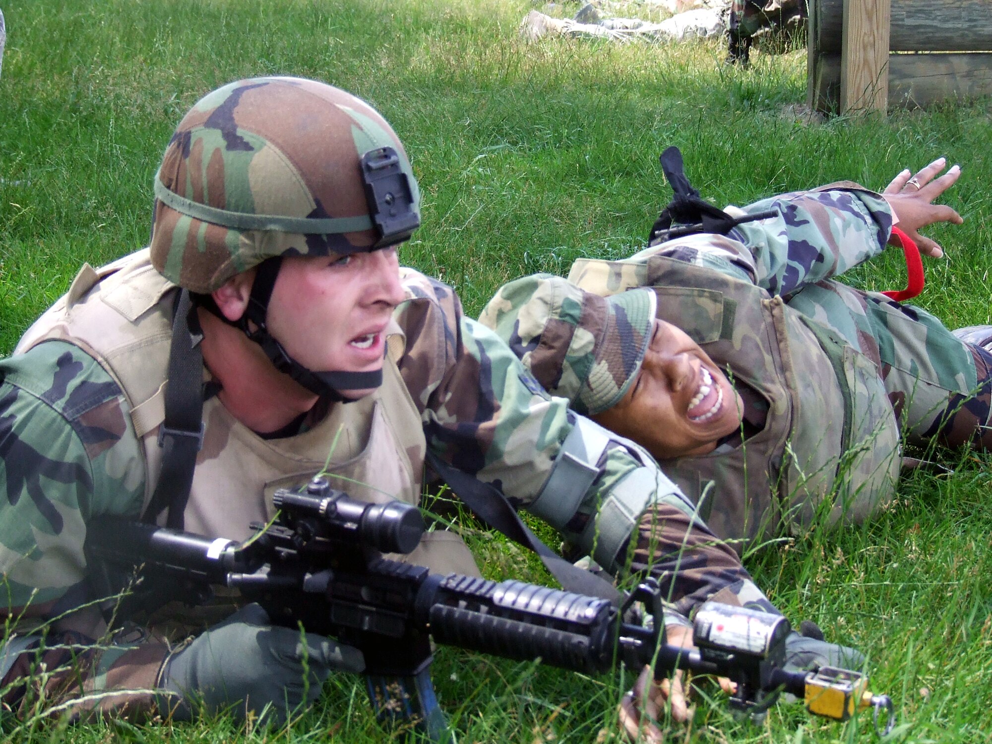 Students in the Air Force Phoenix Warrior Training Course participate in a combat first aid  class on a Fort Dix, N.J., range June 19, 2008.  The course is taught by the U.S. Air Force Expeditionary Center's Expeditionary Operations School and 421st Combat Training Squadron and prepares security forces Airmen for upcoming deployments.  (U.S. Air Force Photo/Tech. Sgt. Scott T. Sturkol)