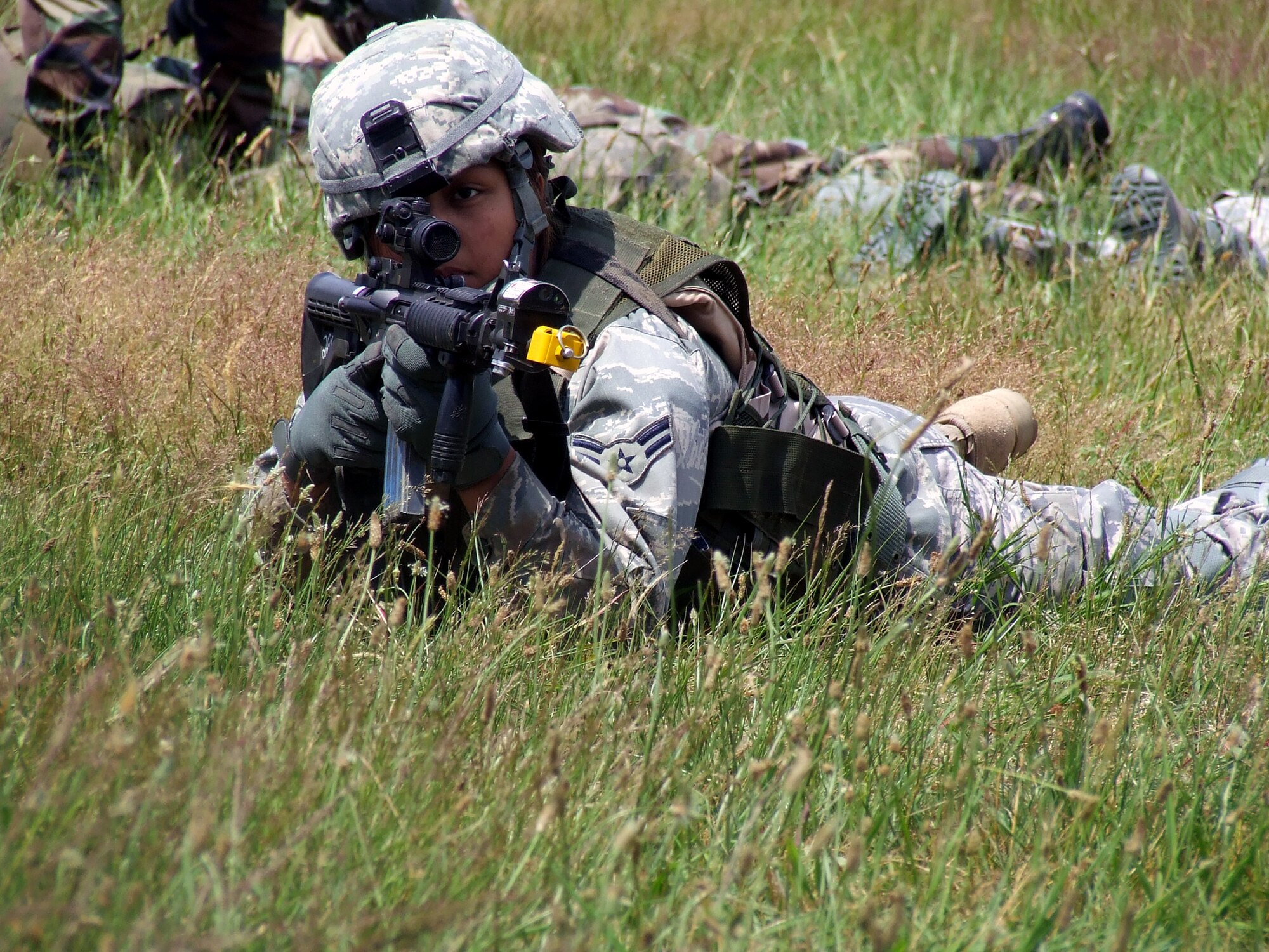 A student in the Air Force Phoenix Warrior Training Course participates in a combat first aid  class on a Fort Dix, N.J., range June 19, 2008.  The course is taught by the U.S. Air Force Expeditionary Center's Expeditionary Operations School and 421st Combat Training Squadron and prepares security forces Airmen for upcoming deployments.  (U.S. Air Force Photo/Tech. Sgt. Scott T. Sturkol)