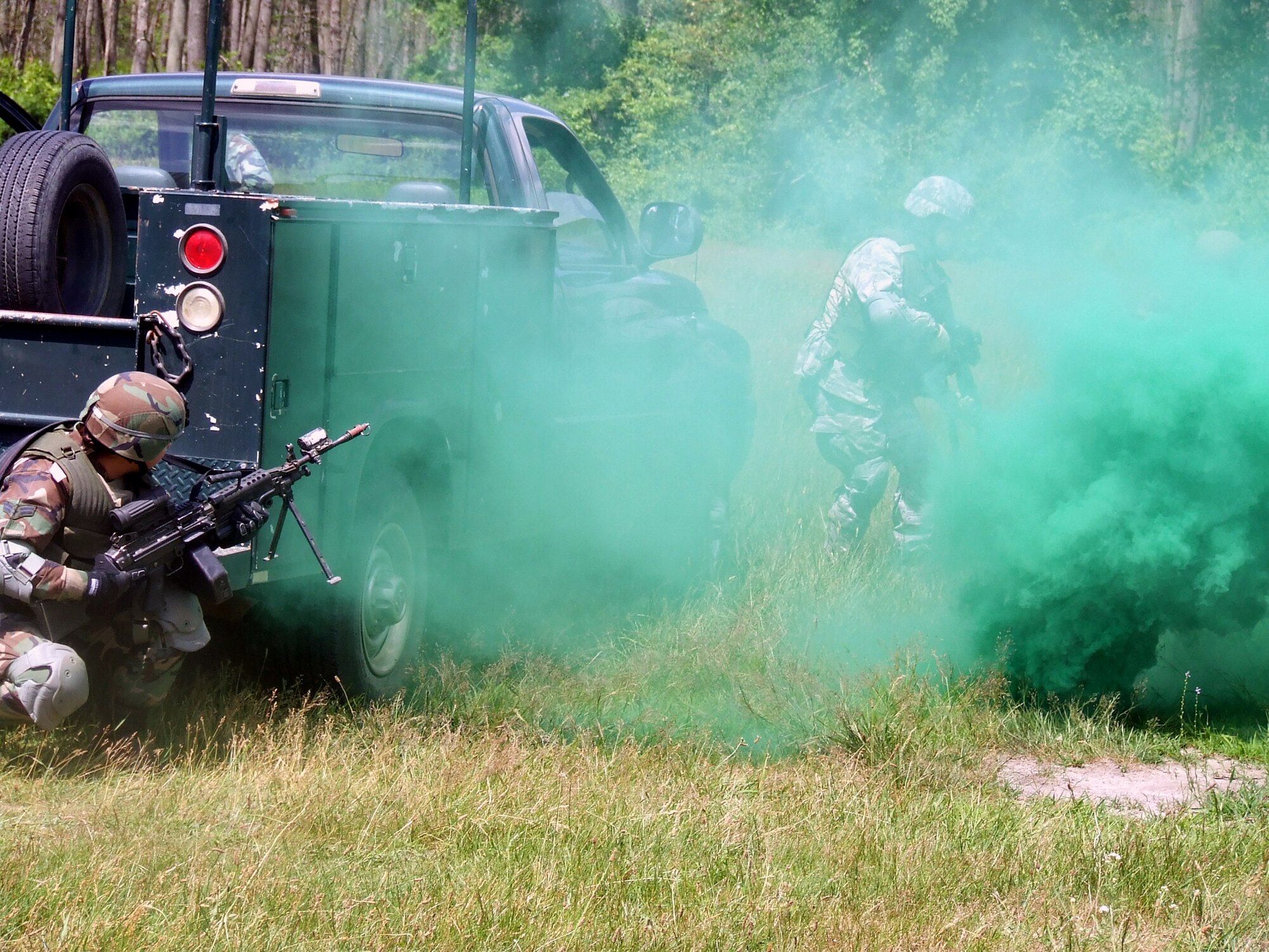 Students in the Air Force Phoenix Warrior Training Course participate in a combat first aid  class on a Fort Dix, N.J., range June 19, 2008.  The course is taught by the U.S. Air Force Expeditionary Center's Expeditionary Operations School and 421st Combat Training Squadron and prepares security forces Airmen for upcoming deployments.  (U.S. Air Force Photo/Tech. Sgt. Scott T. Sturkol)