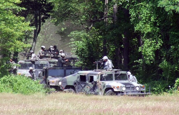 Students in the Air Force Phoenix Warrior Training Course practice convoy operations training June 19, 2008, on a Fort Dix, N.J., range.  The course, taught by the U.S. Air Force Expeditionary Center's Expeditionary Operations School and the 421st Combat Training Squadron, prepares security forces Airmen for upcoming deployments.  (U.S. Air Force Photo/Tech. Sgt. Scott T. Sturkol)