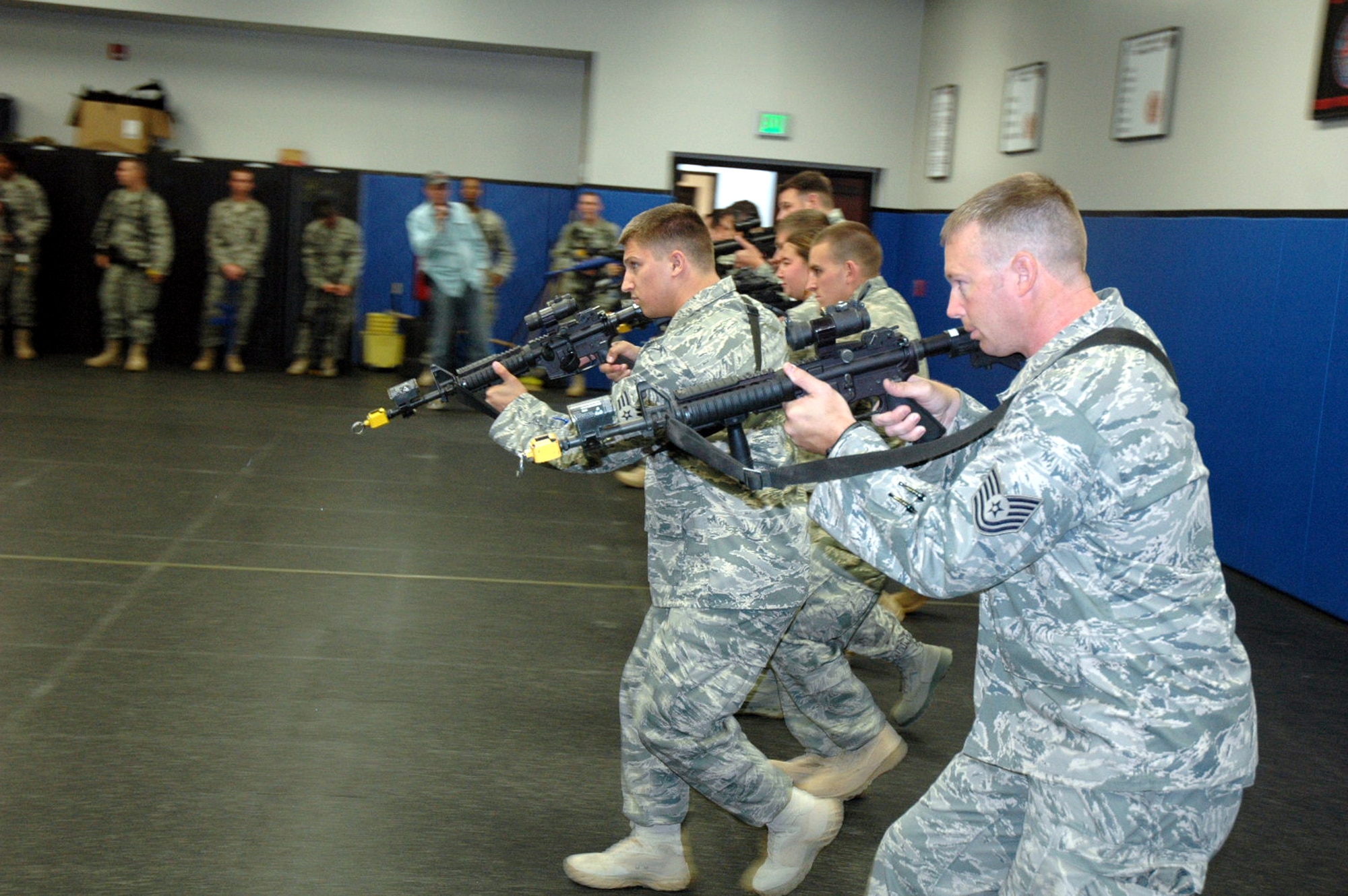 Students in the Air Force Phoenix Warrior Training Course participate in "tape drills" for training in mobile operations in urban terrain in the U.S. Air Force Expeditionary Center June 19, 2008, on Fort Dix, N.J.  The course, taught by the USAF EC's Expeditionary Operations School and the 421st Combat Training Squadron, prepares security forces Airmen for upcoming deployments.  (U.S. Air Force Photo/Tech. Sgt. Scott T. Sturkol)