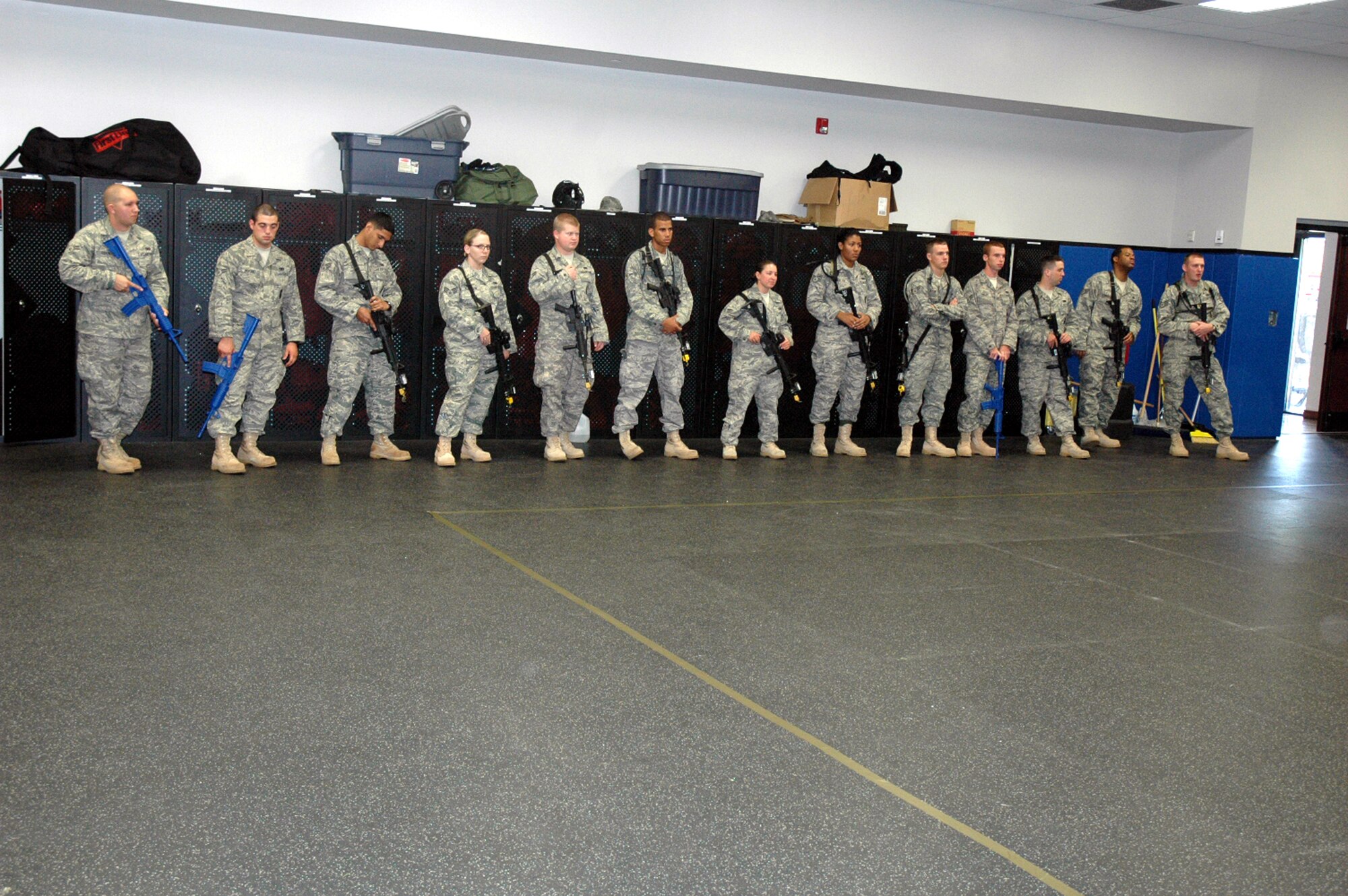 Students in the Air Force Phoenix Warrior Training Course participate in "tape drills" for training in mobile operations in urban terrain in the U.S. Air Force Expeditionary Center June 19, 2008, on Fort Dix, N.J.  The course, taught by the USAF EC's Expeditionary Operations School and the 421st Combat Training Squadron, prepares security forces Airmen for upcoming deployments.  (U.S. Air Force Photo/Tech. Sgt. Scott T. Sturkol)