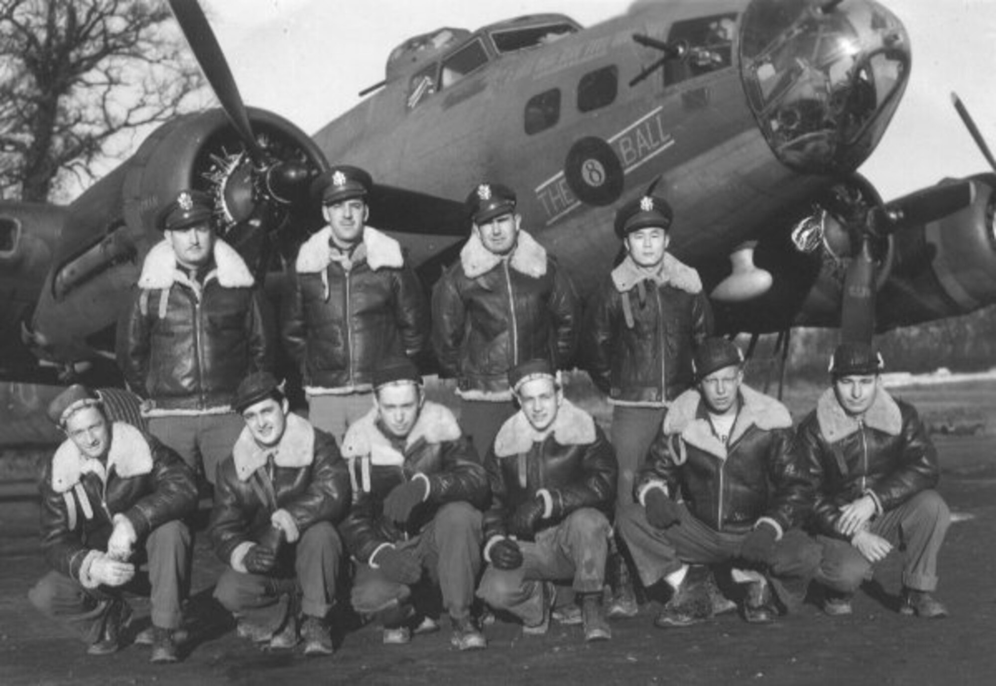 The original crew of the famous B-17 Flying Fortress "Thunderbird" of the 303rd Bomb Group (Heavy) Molesworth, England.  Pilot LT Vern Moncur is shown far left in the back row.  His two sons, Gary and Vern Moncur visited their father's base on June 5th. (Photo Courtesy 303rd Bomb Group Association)