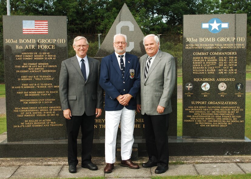 During a June 2008 visit to RAF Molesworth, Mr. Gary Moncur, 303rd Bomb Group Historian and Webmaster on the right stands with his brother Marlow (left) and 303rd Bomb Group UK Representative Mr. Robin Beeby at the 303rd Bomb Group Memorial at Royal Air Force Molesworth, England. The memorial stands in honor of the 7,336 members of the 303rd Bomb Group (Heavy) that flew or supported flights by B-17 Flying Fortresses during the Second World War from October 1942 - May 1945. Lt Vern Moncur, father of Gary and Marlowe Moncur was the pilot of the B-17 "Thunderbird) 
