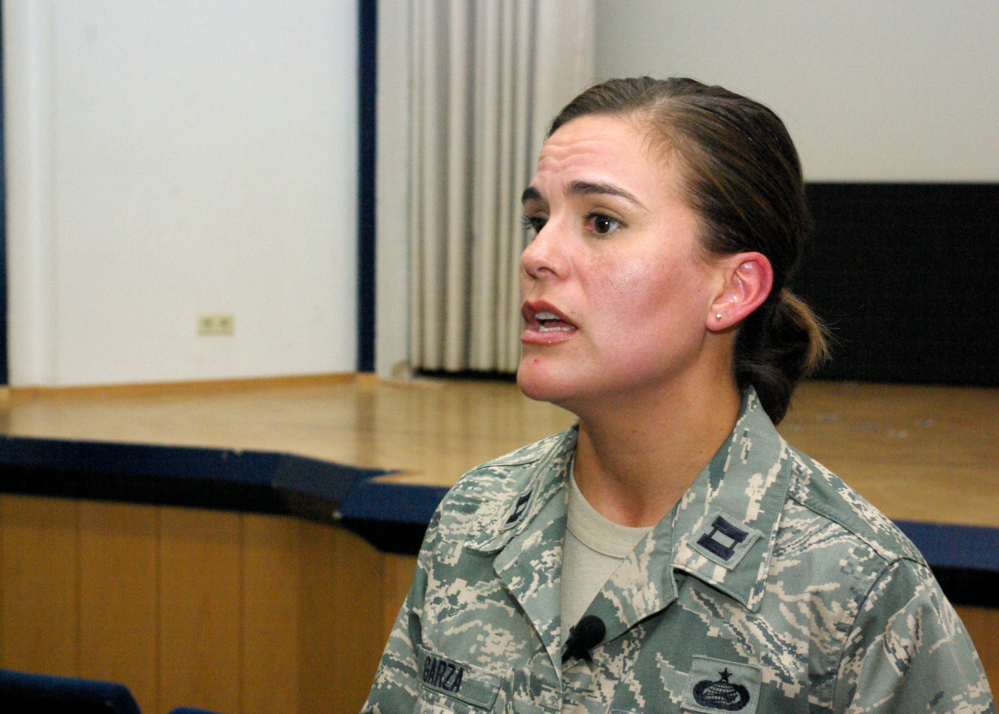 SPANGDAHLEM AIR BASE, Germany – Capt. Judy Garza, 52nd Military Personnel section chief, informs attendees of the Military Personnel Section stand-up briefing of the changes being implemented to Spangdahlem Air Base's administrative processes. (U.S. Air Force photo by Staff Sgt. Matthew S. Bright.)