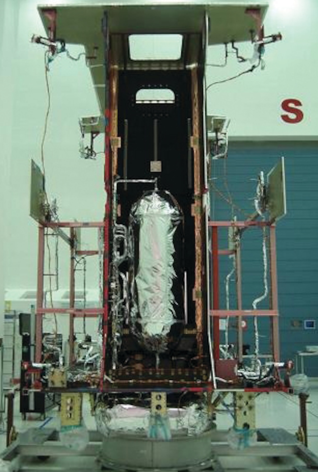 Advanced EHF Flight 3 Core Propulsion Module final preparation is made for safe arrival to Lockheed Martin Space Systems in Sunnyvale, Calif. (courtesy photo by  Lockheed Martin)
